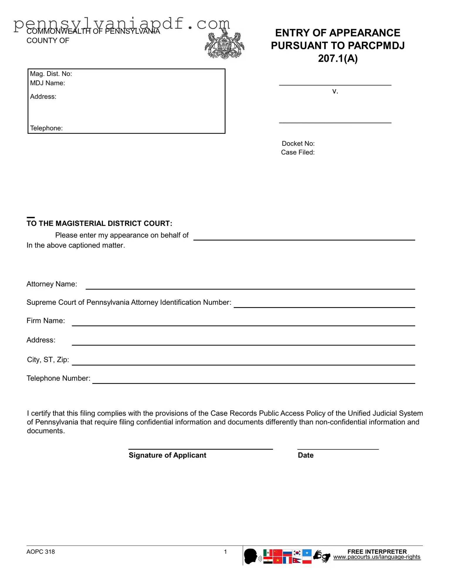 Fill a Valid Magisterial Appearance Pennsylvania Form