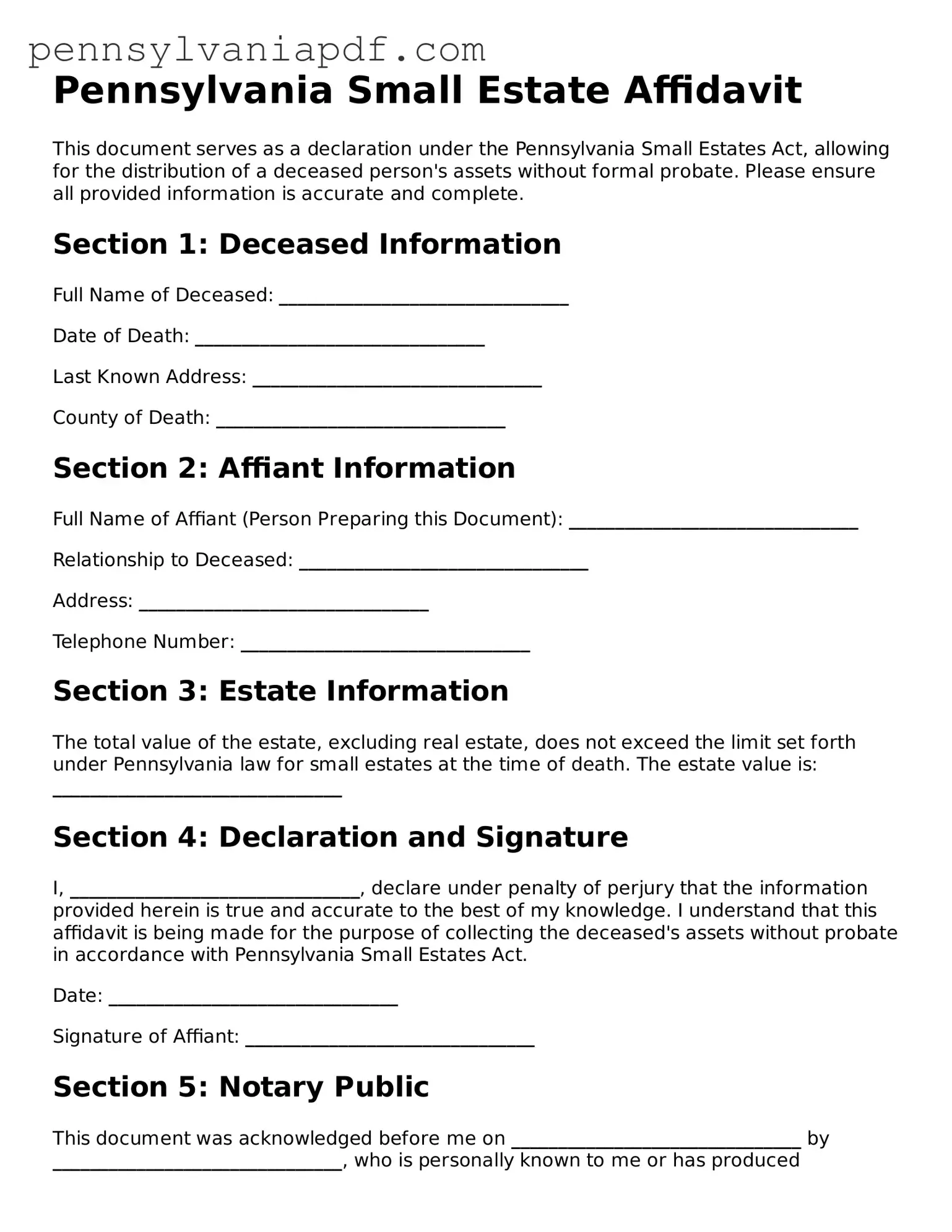 Fillable  Small Estate Affidavit Document for Pennsylvania