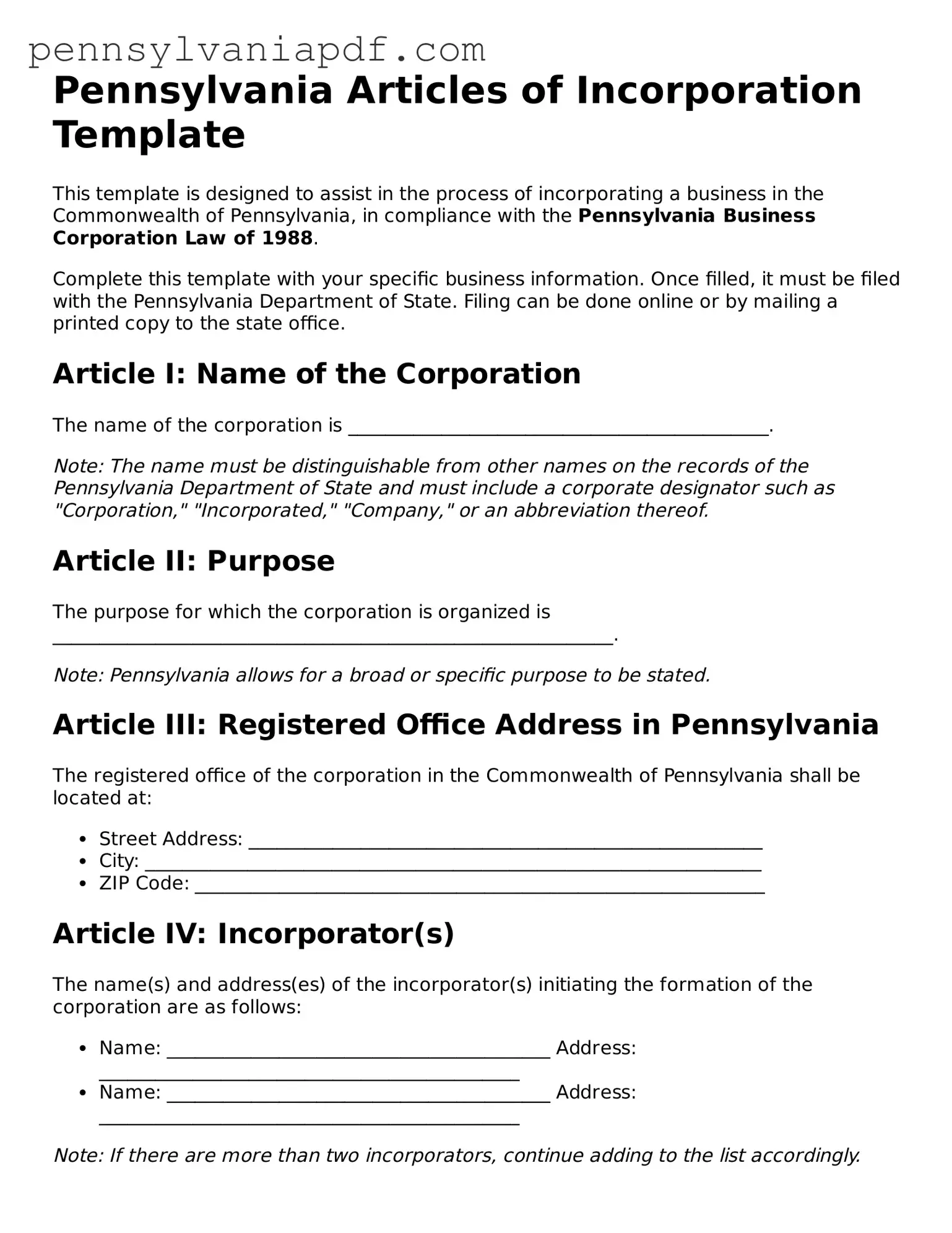 Fillable  Articles of Incorporation Document for Pennsylvania