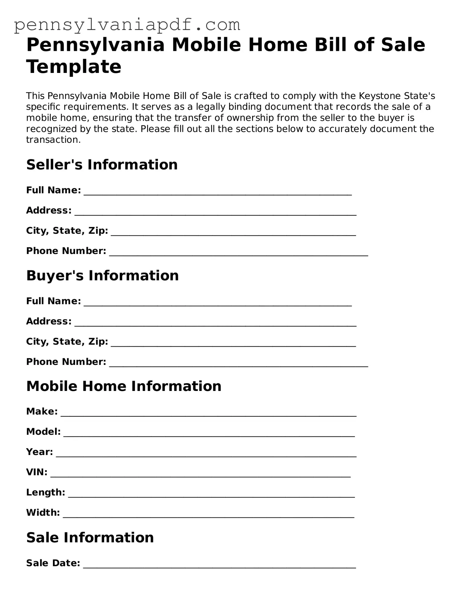 Fillable  Mobile Home Bill of Sale Document for Pennsylvania