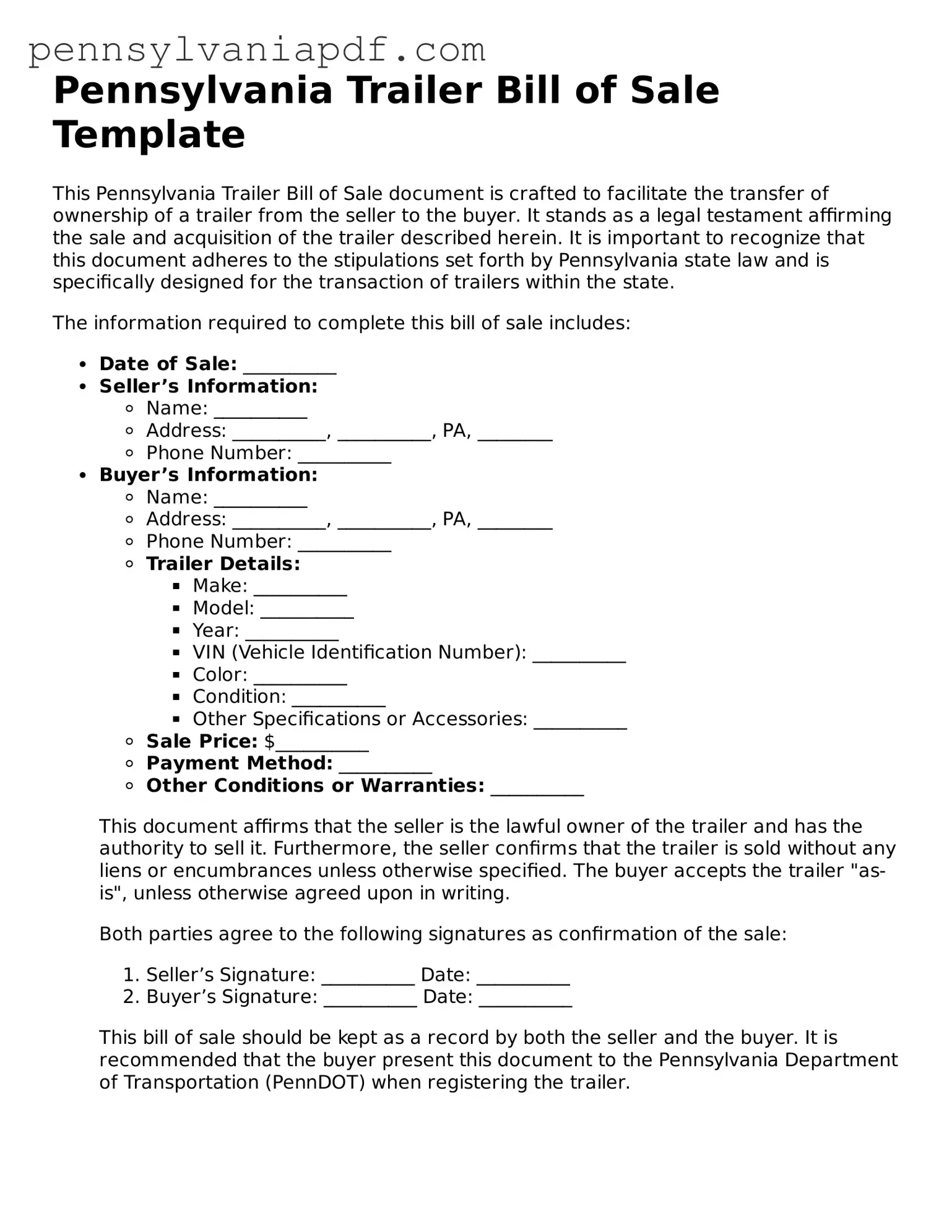 Fillable  Trailer Bill of Sale Document for Pennsylvania