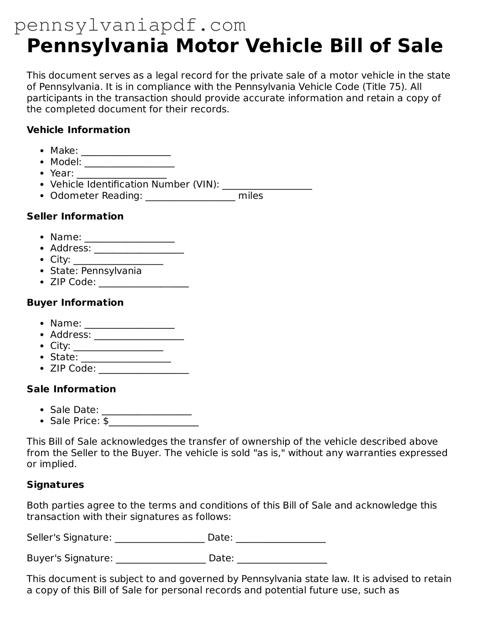 Fillable  Motor Vehicle Bill of Sale Document for Pennsylvania