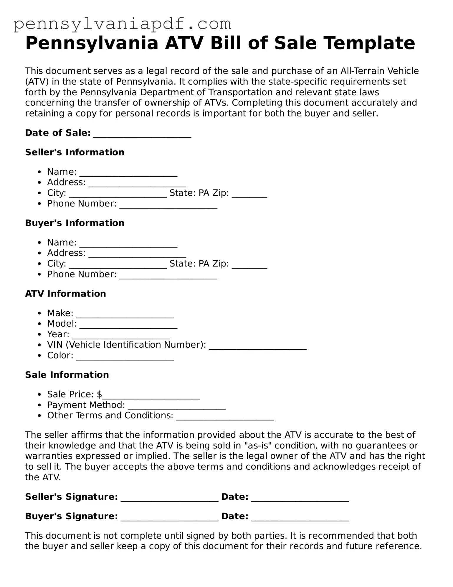 Fillable  ATV Bill of Sale Document for Pennsylvania