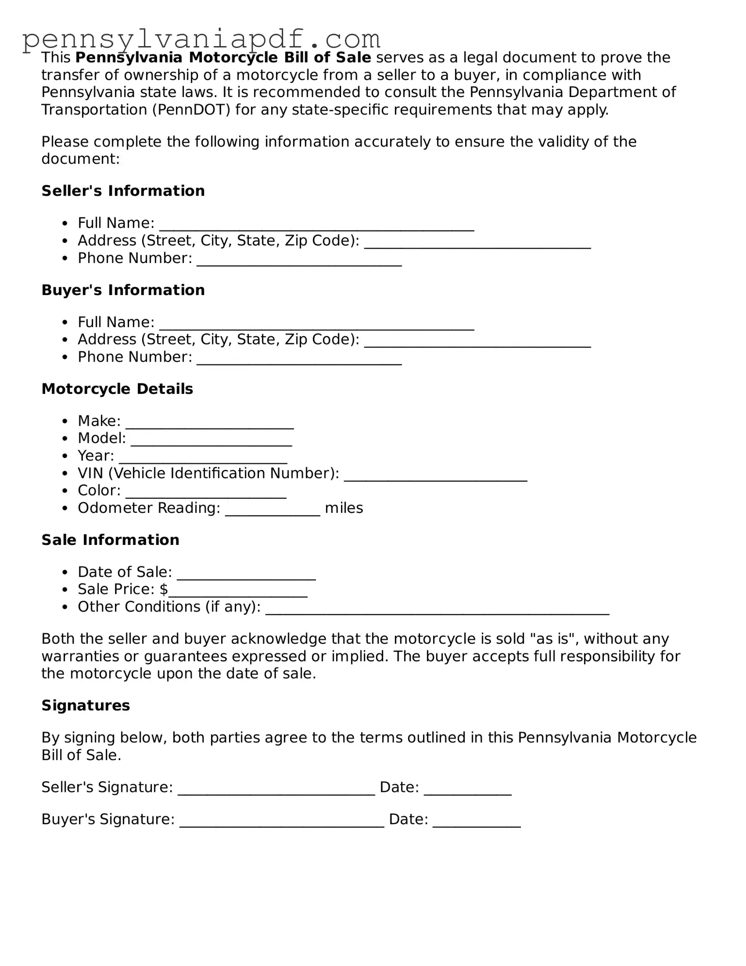 Fillable  Motorcycle Bill of Sale Document for Pennsylvania