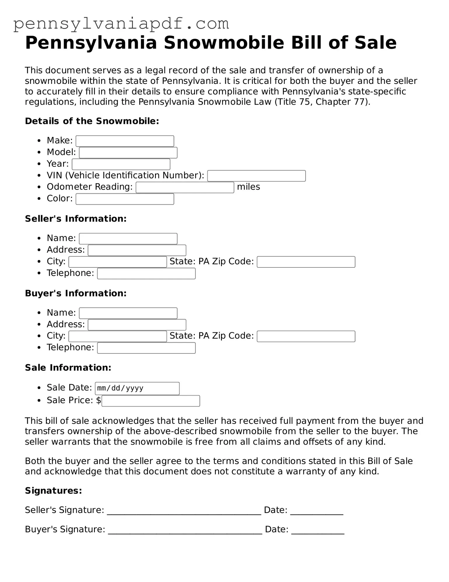 Fillable  Snowmobile Bill of Sale Document for Pennsylvania