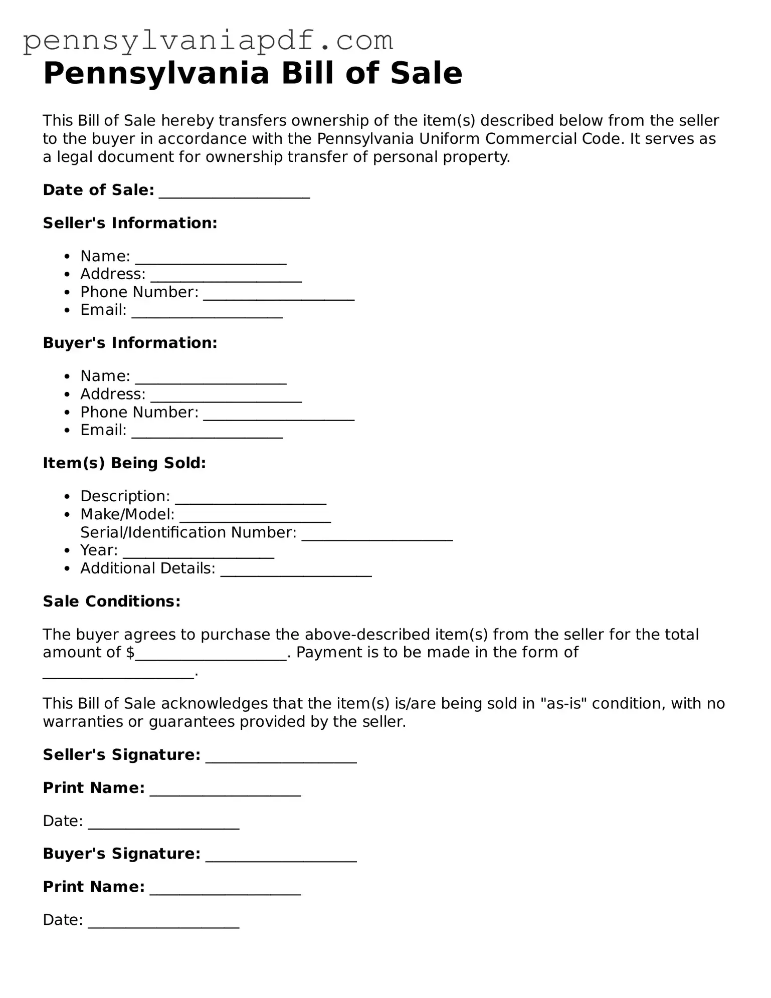 Fillable  Bill of Sale Document for Pennsylvania