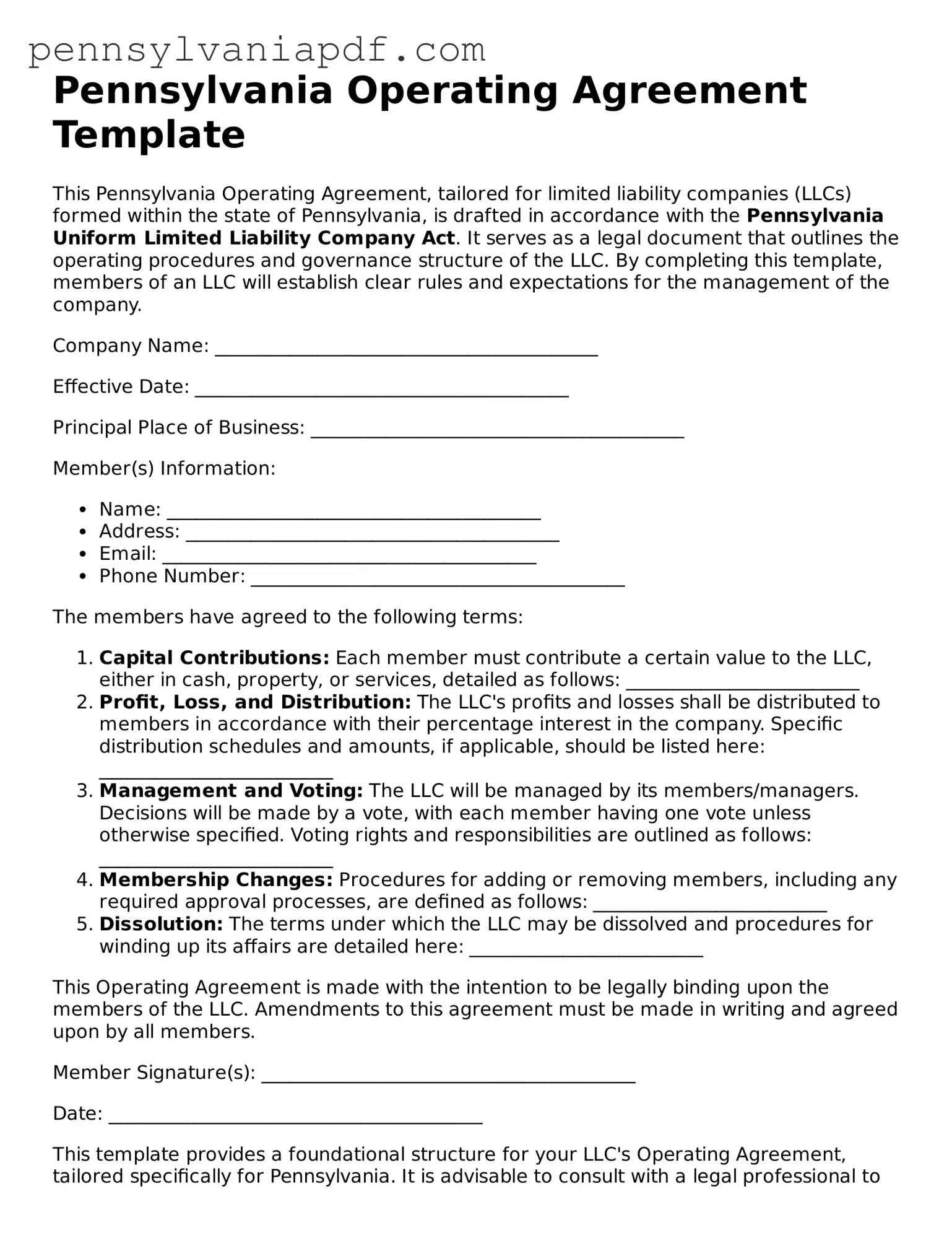 Fillable  Operating Agreement Document for Pennsylvania