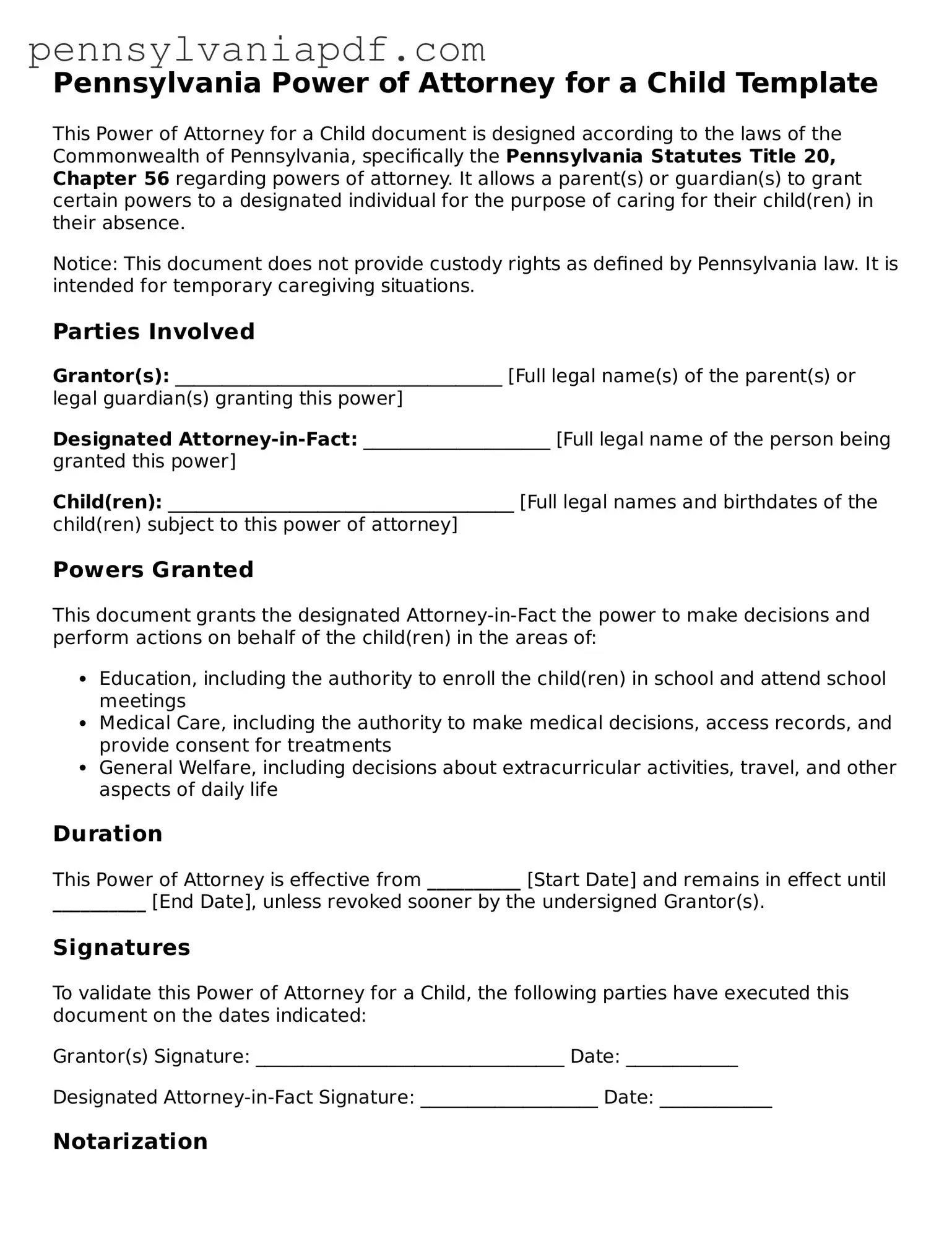 Fillable  Power of Attorney for a Child Document for Pennsylvania