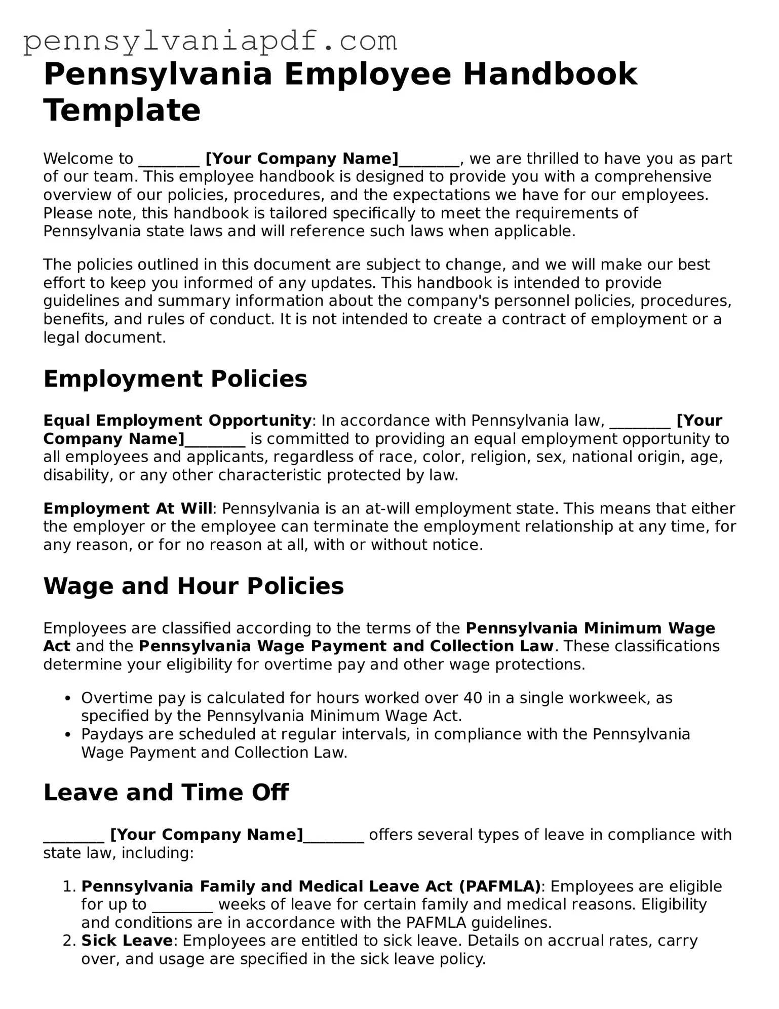 Fillable  Employee Handbook Document for Pennsylvania
