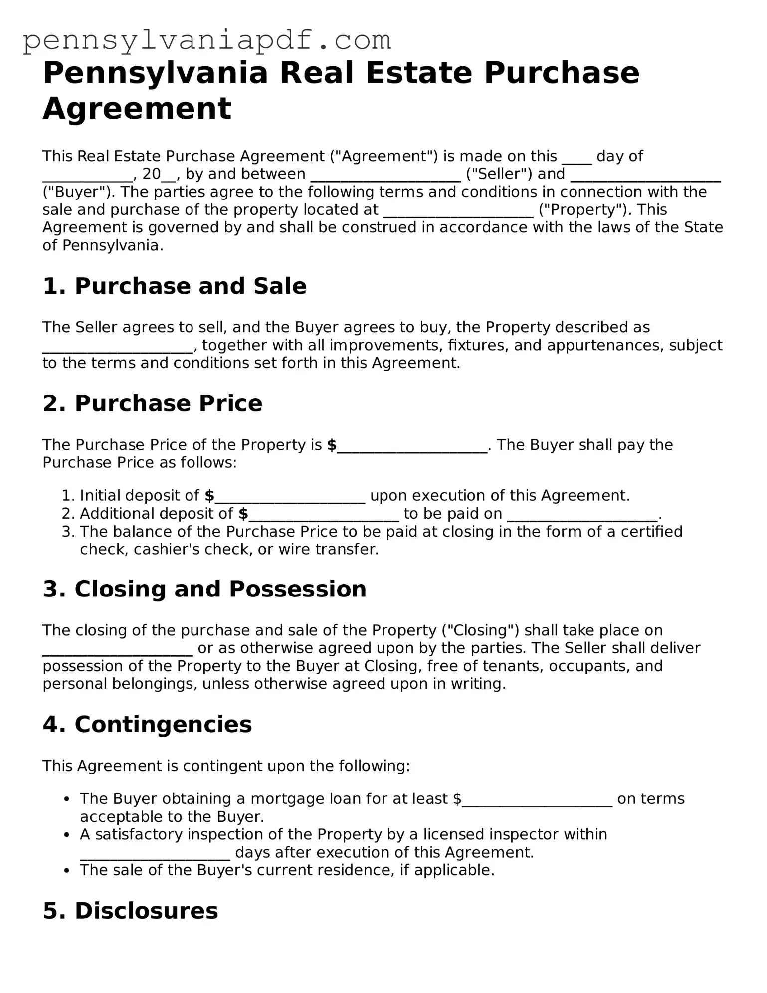Fillable  Real Estate Purchase Agreement Document for Pennsylvania