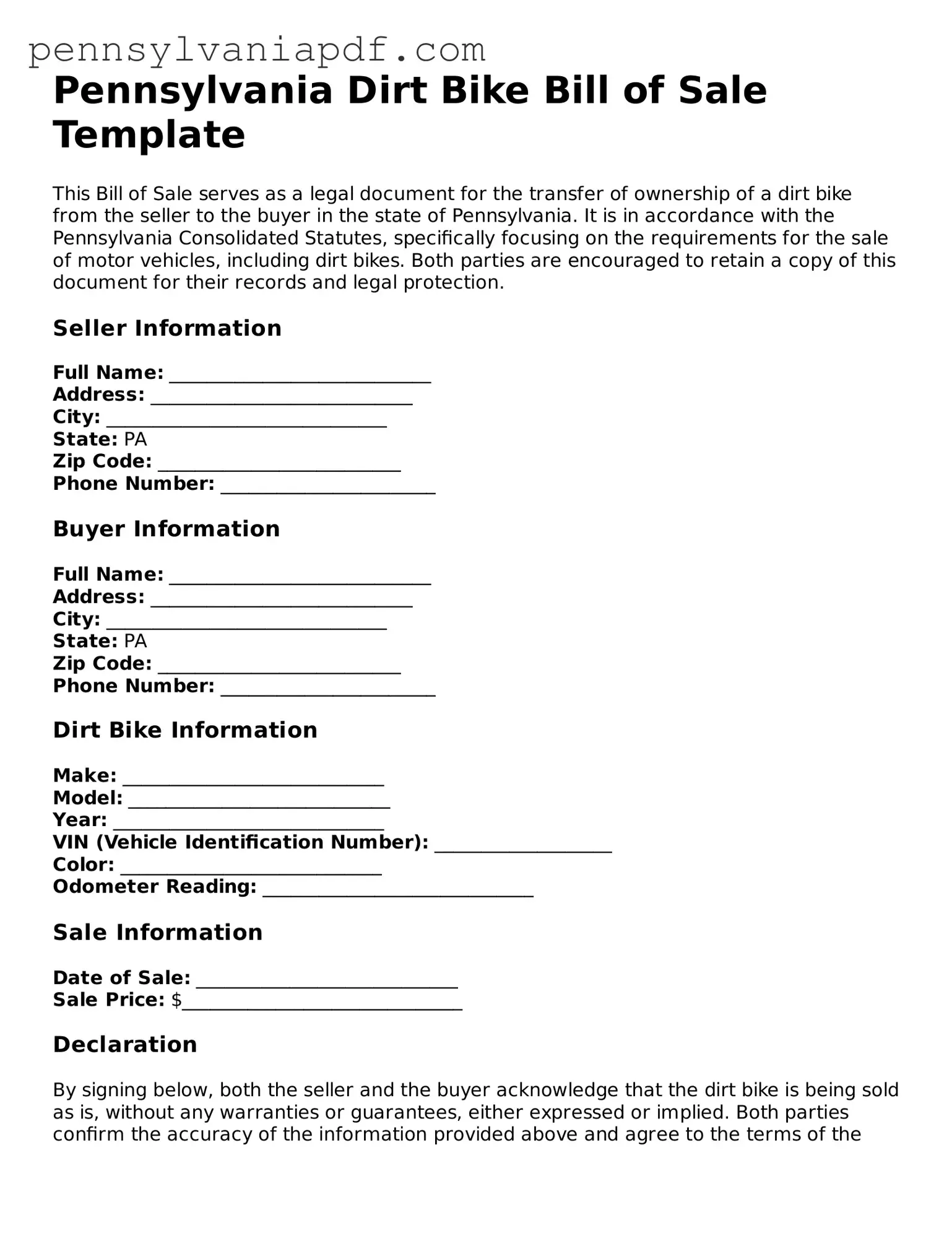 Fillable  Dirt Bike Bill of Sale Document for Pennsylvania