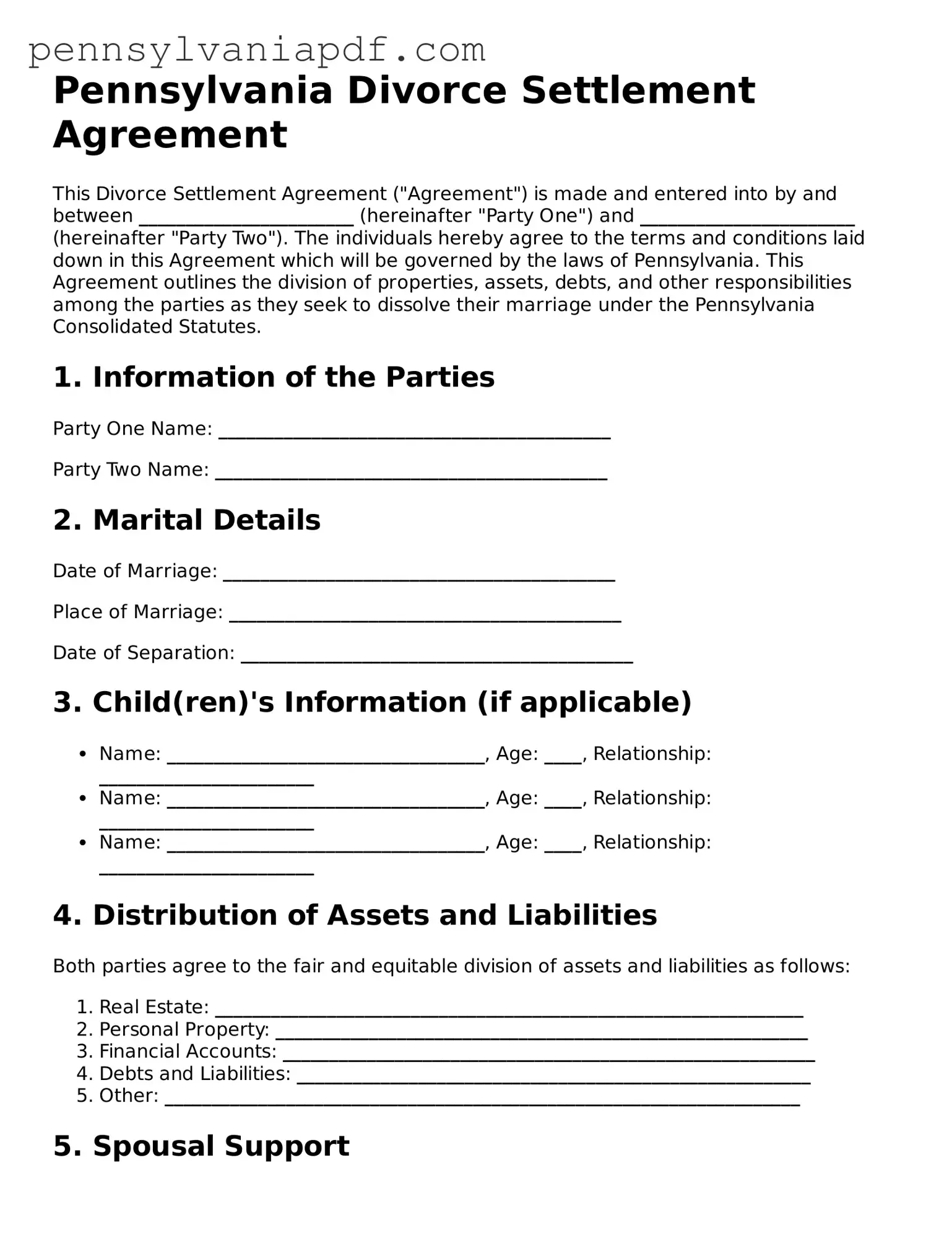 Fillable  Divorce Settlement Agreement Document for Pennsylvania