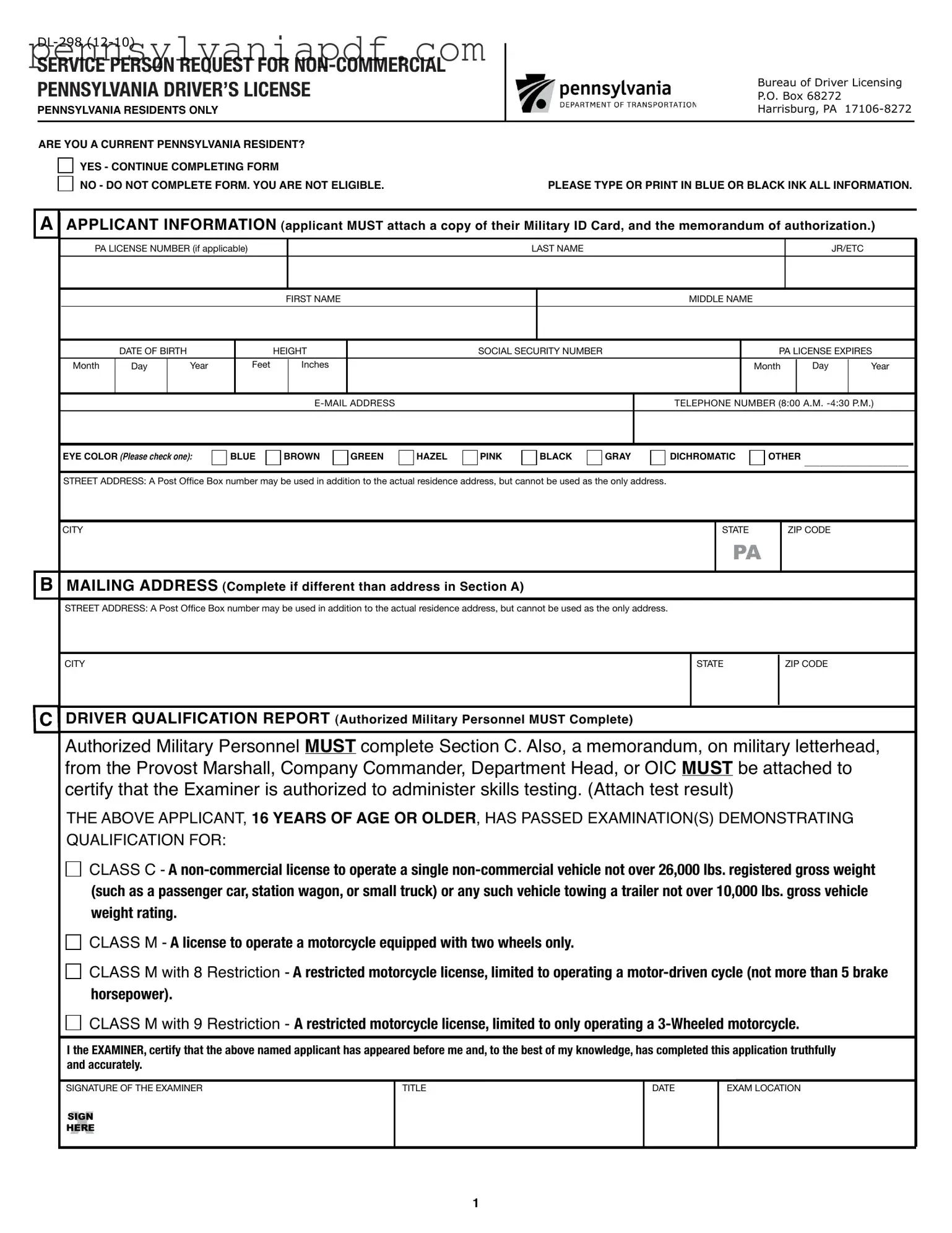 Fill a Valid Pennsylvania Dl 298 Form