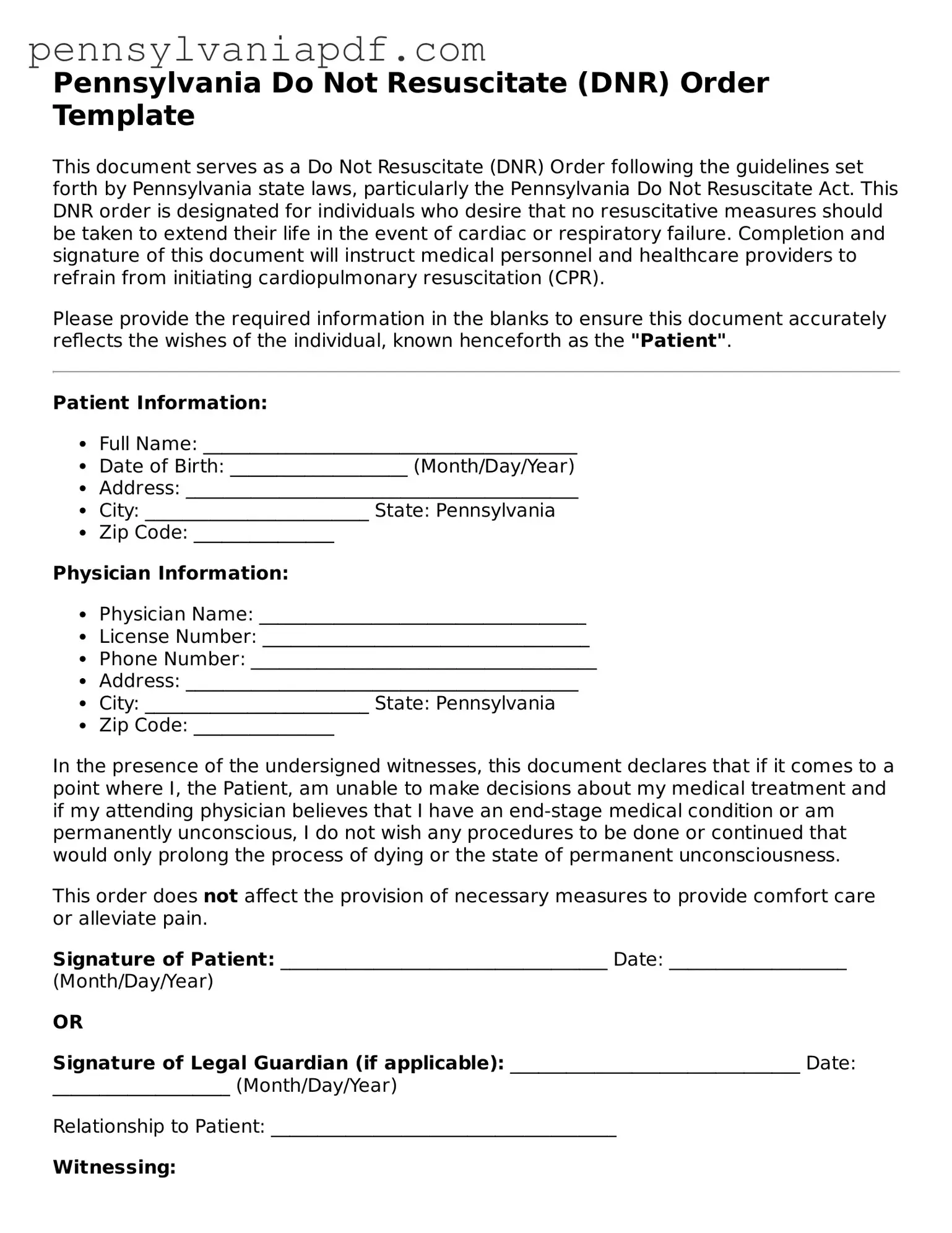Fillable  Do Not Resuscitate Order Document for Pennsylvania