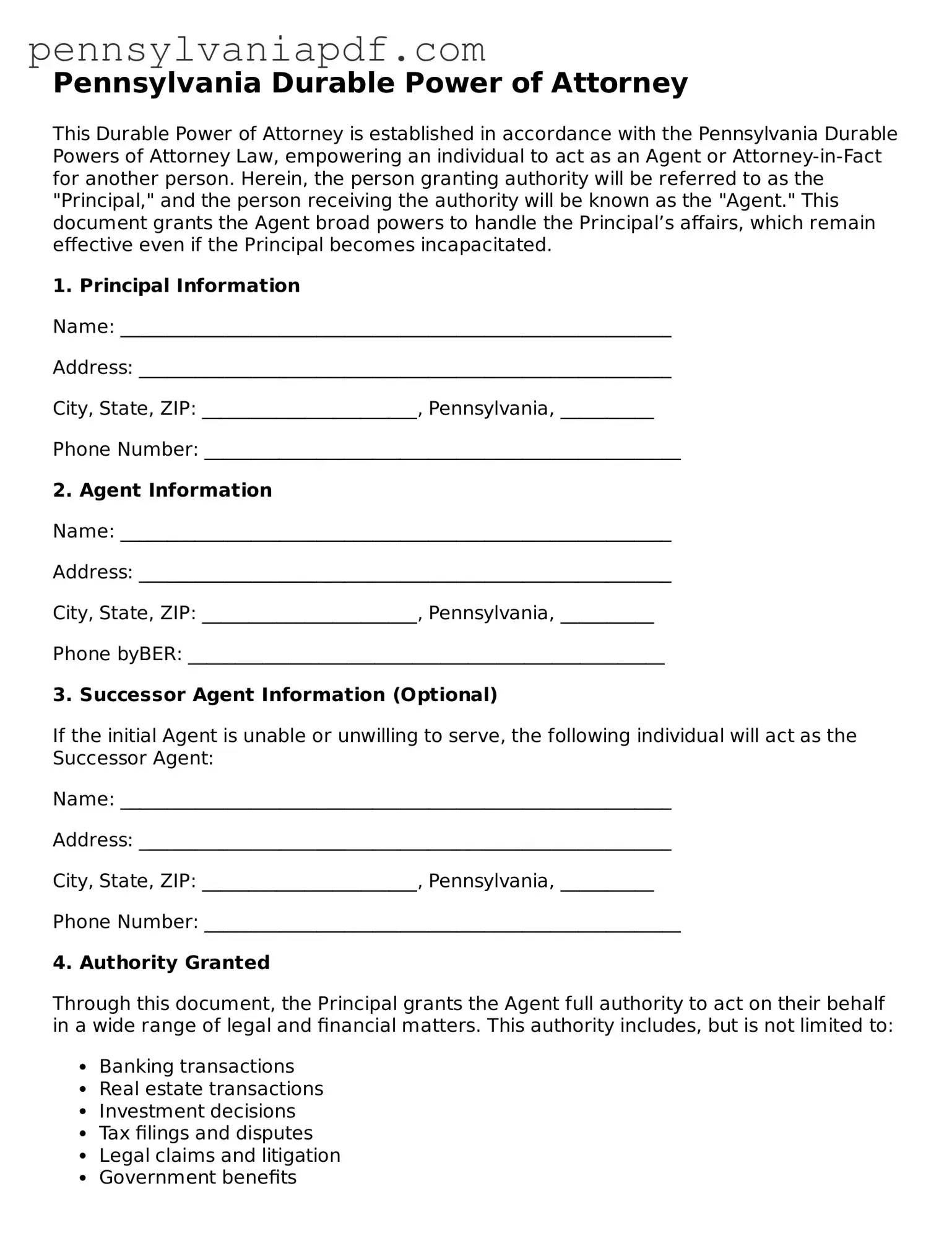 Fillable  Durable Power of Attorney Document for Pennsylvania