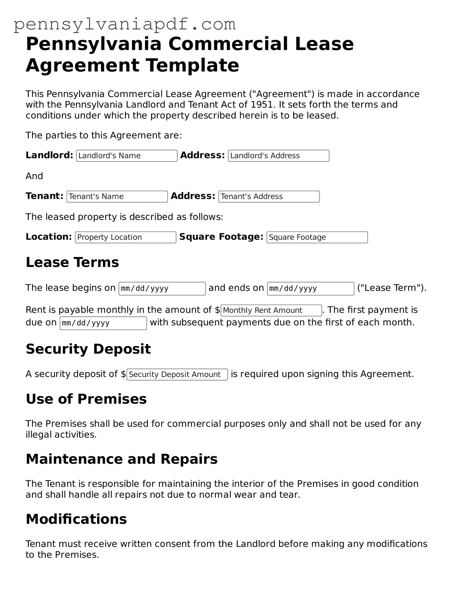 Fillable  Commercial Lease Agreement Document for Pennsylvania