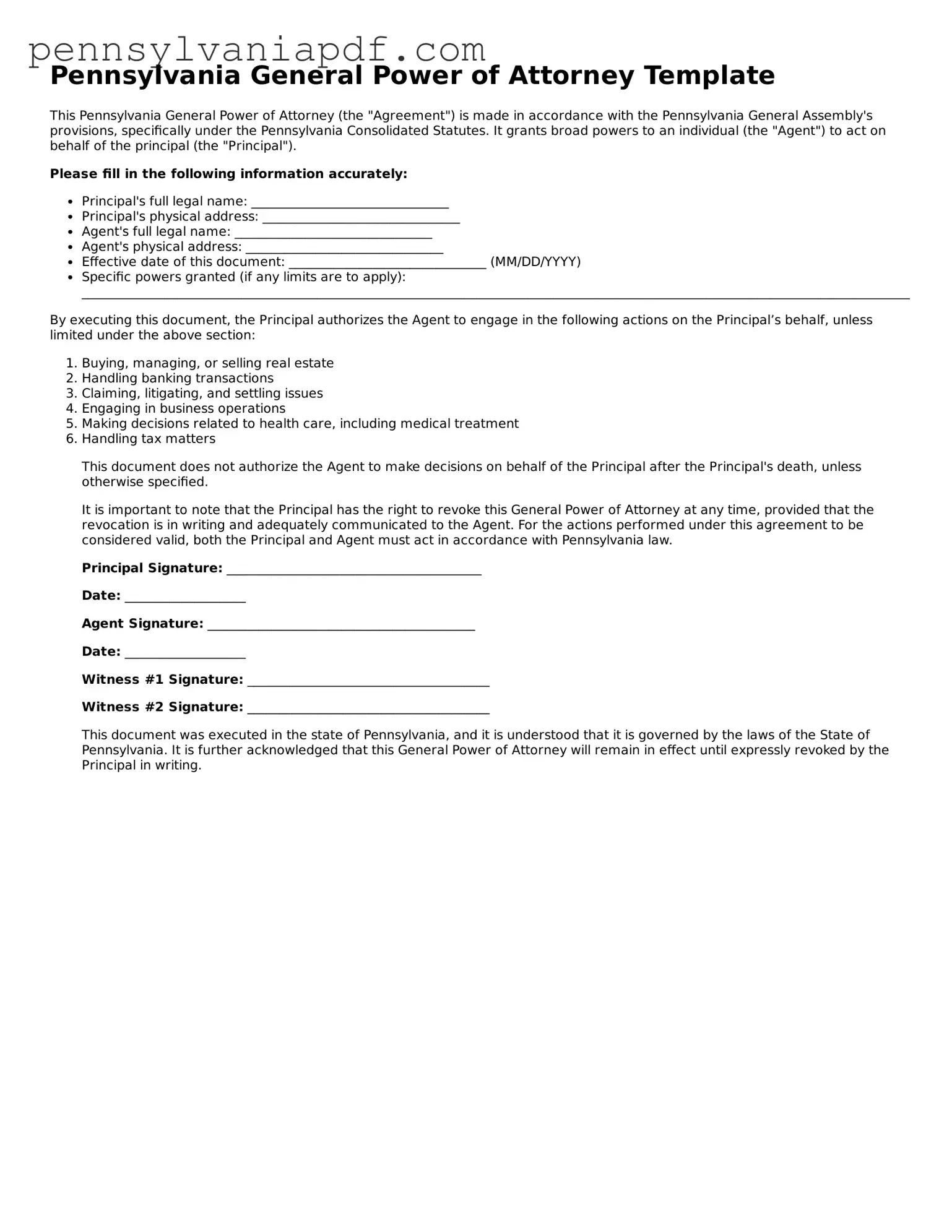 Fillable  General Power of Attorney Document for Pennsylvania