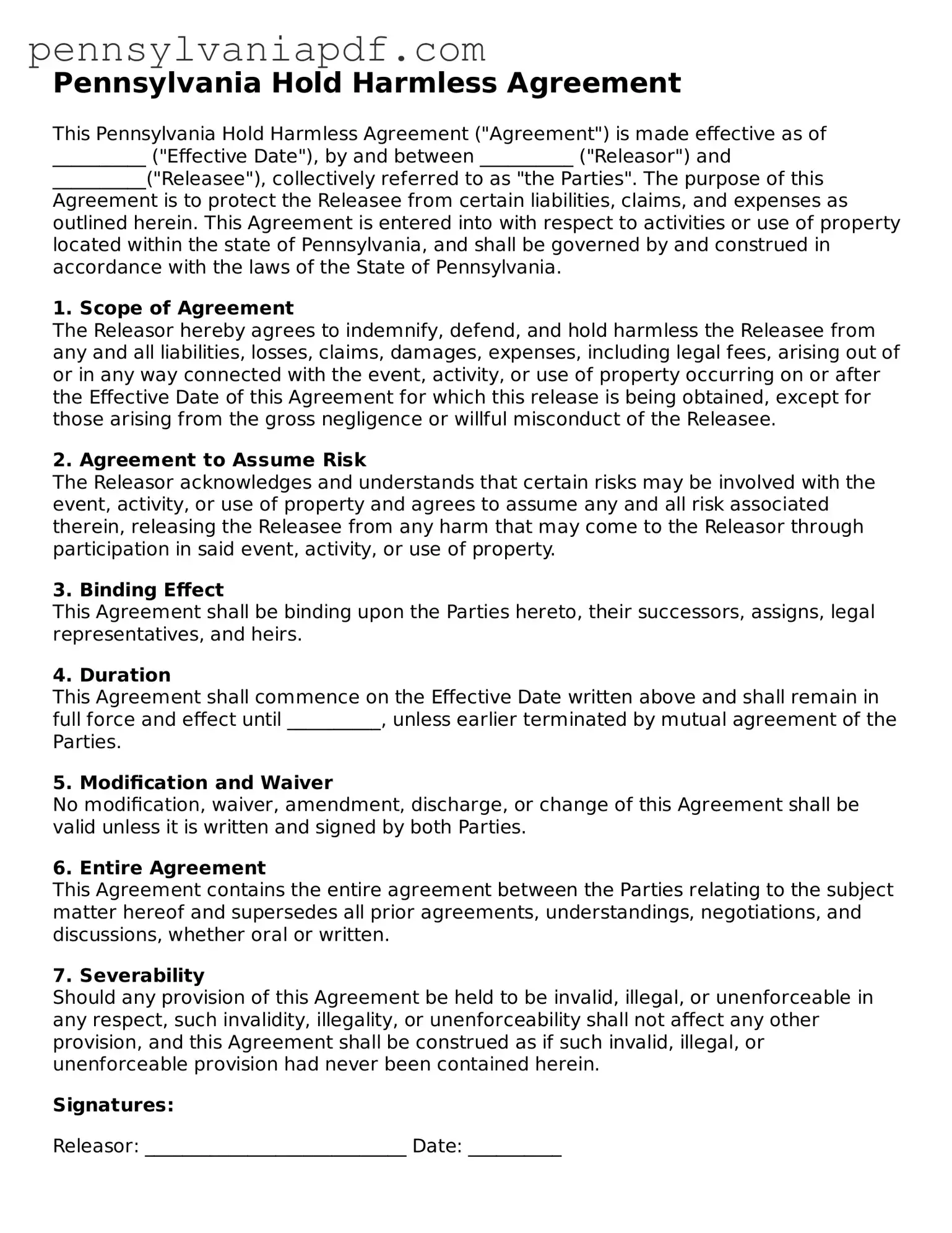 Fillable  Hold Harmless Agreement Document for Pennsylvania