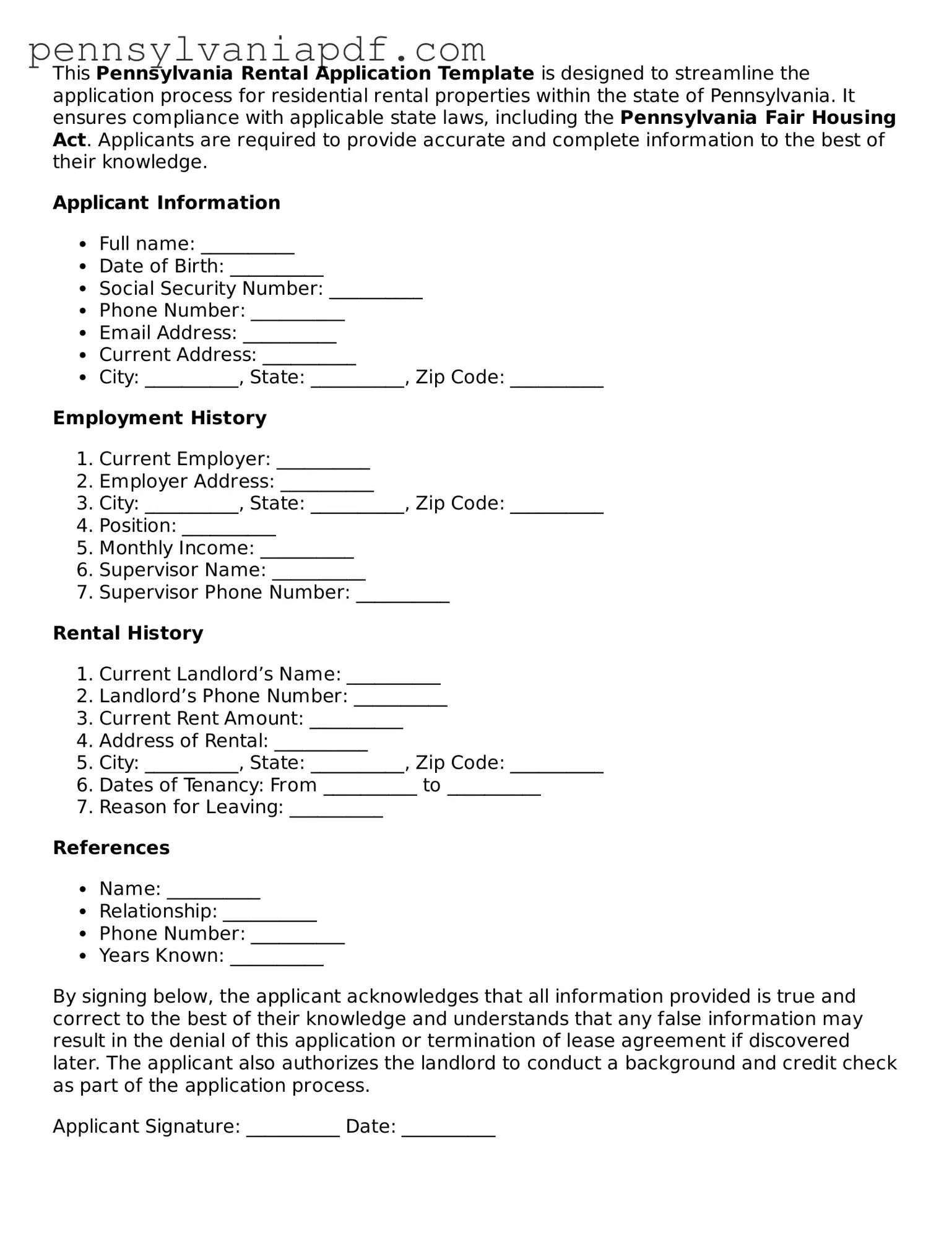Fillable  Rental Application Document for Pennsylvania