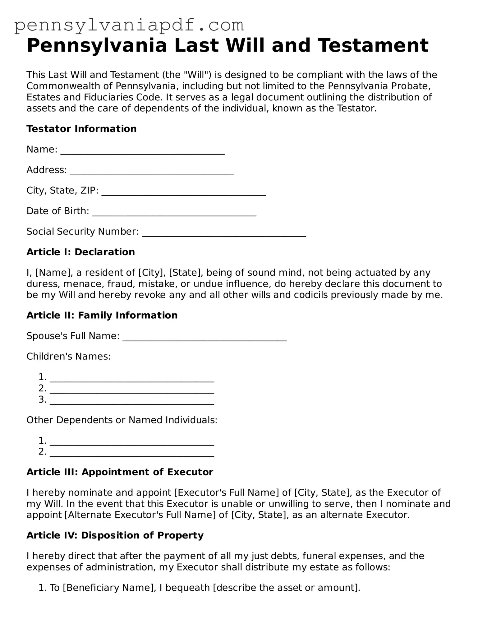 Fillable  Last Will and Testament Document for Pennsylvania