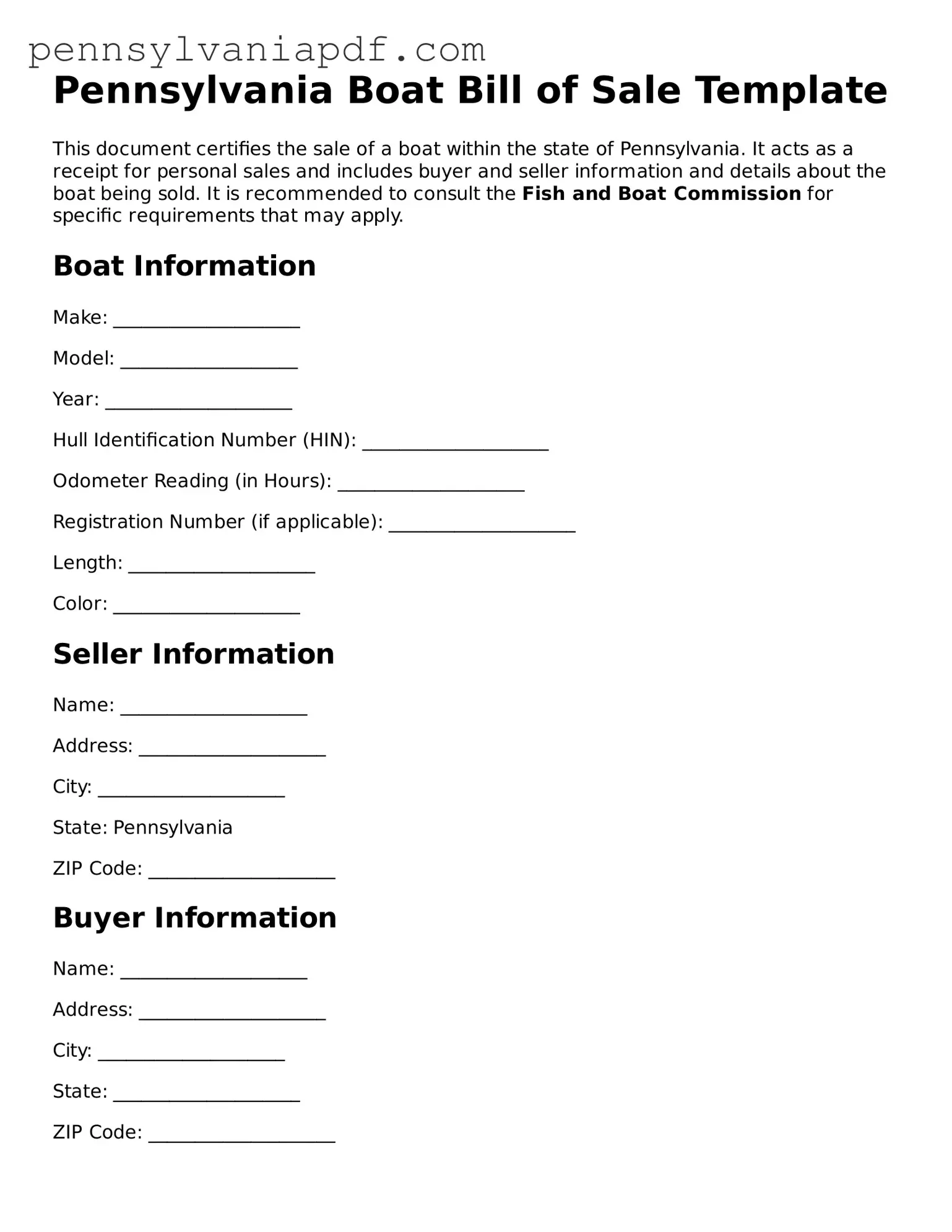 Fillable  Boat Bill of Sale Document for Pennsylvania