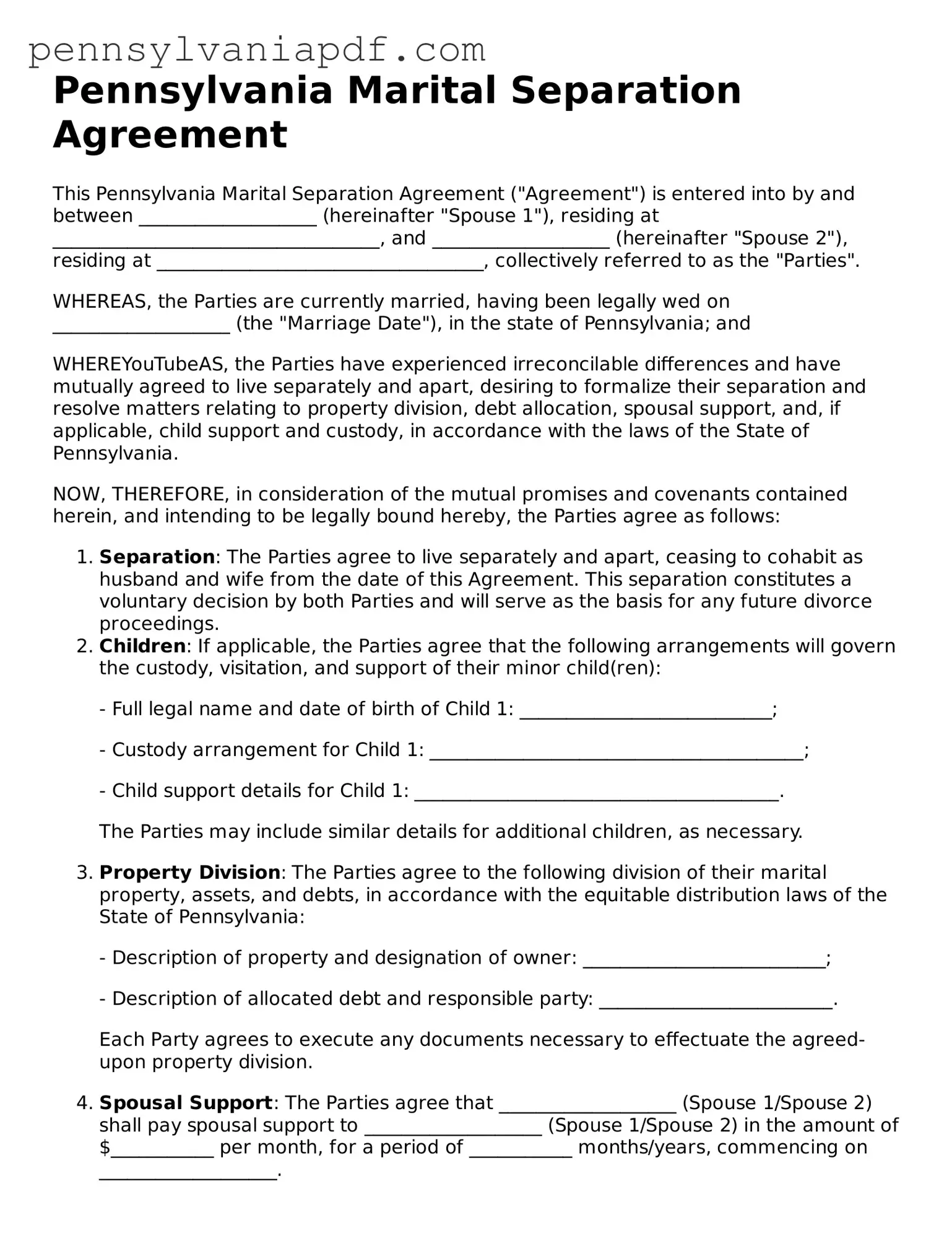 Fillable  Marital Separation Agreement Document for Pennsylvania