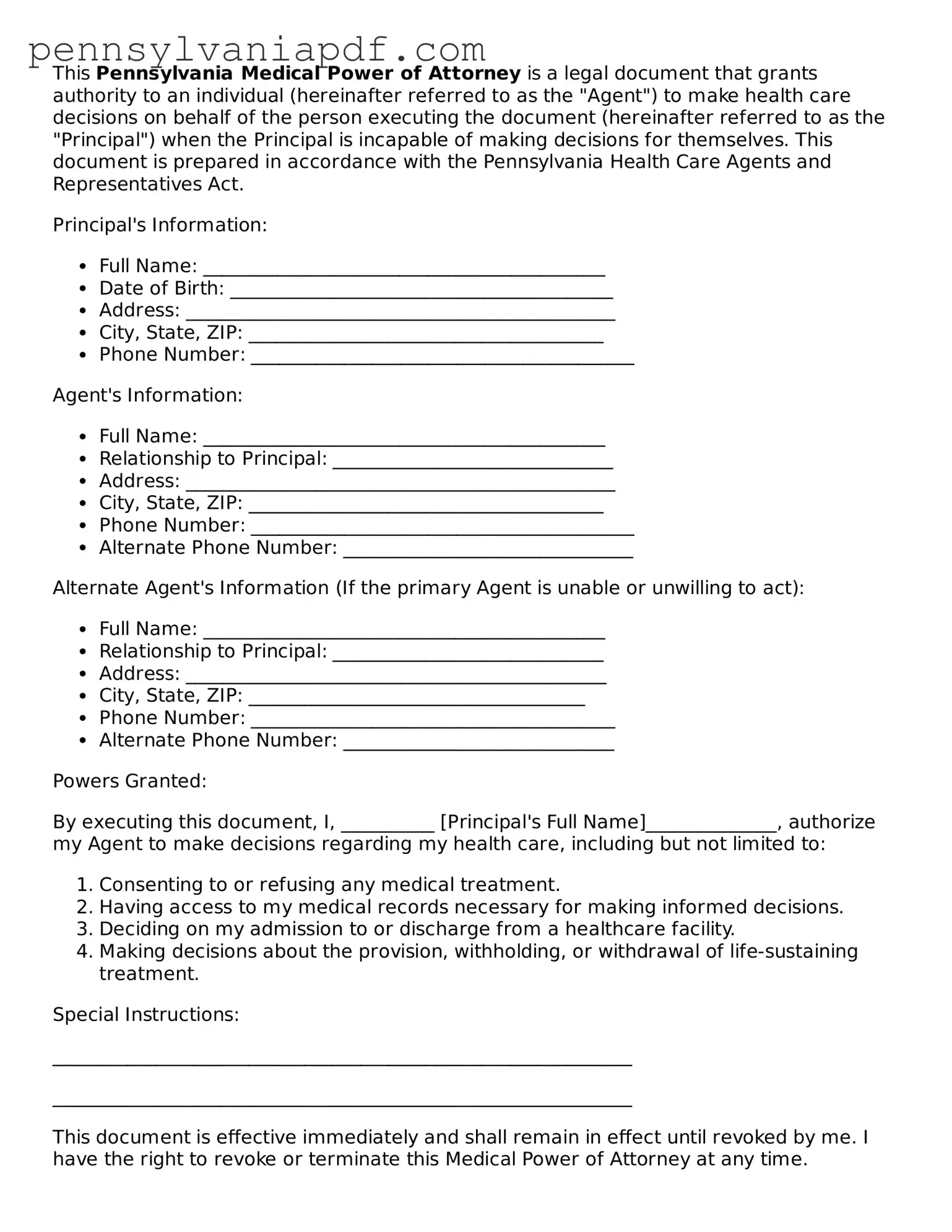 Fillable  Medical Power of Attorney Document for Pennsylvania