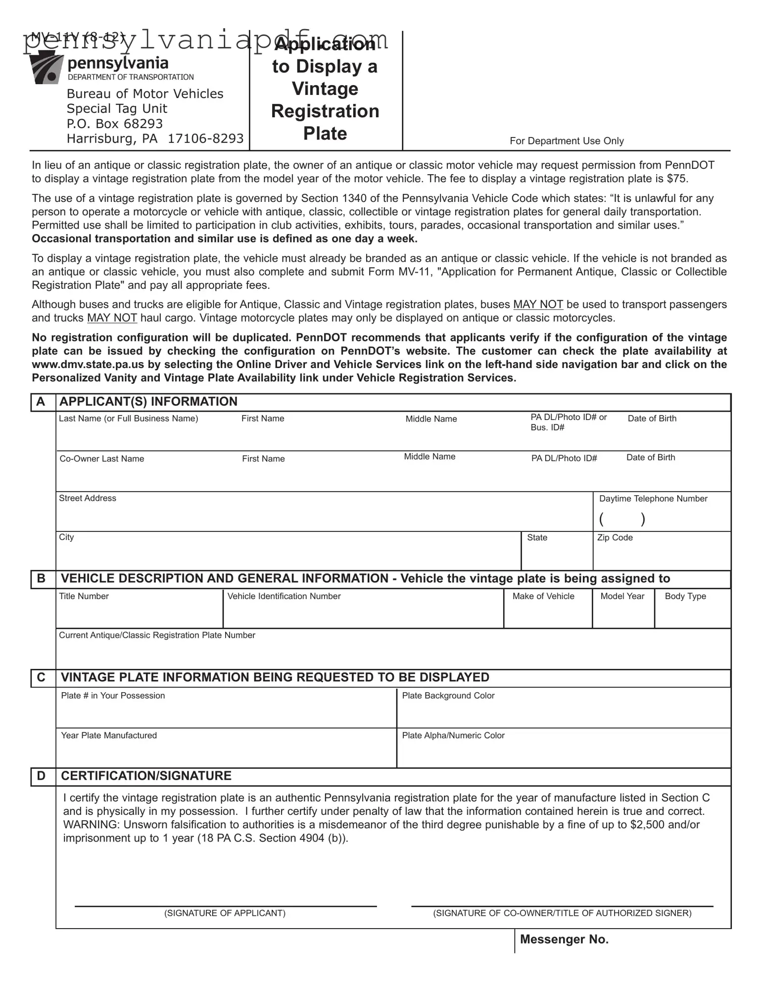 Fill a Valid Pennsylvania Mv 11V Form