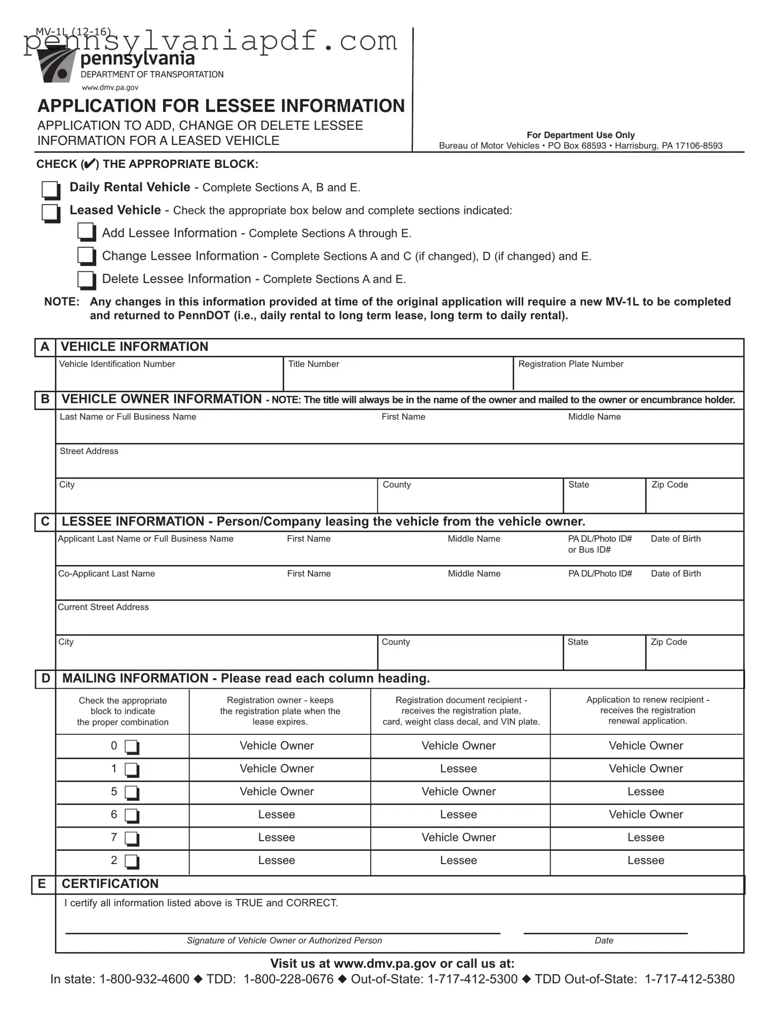Fill a Valid Pennsylvania Mv 1L Form