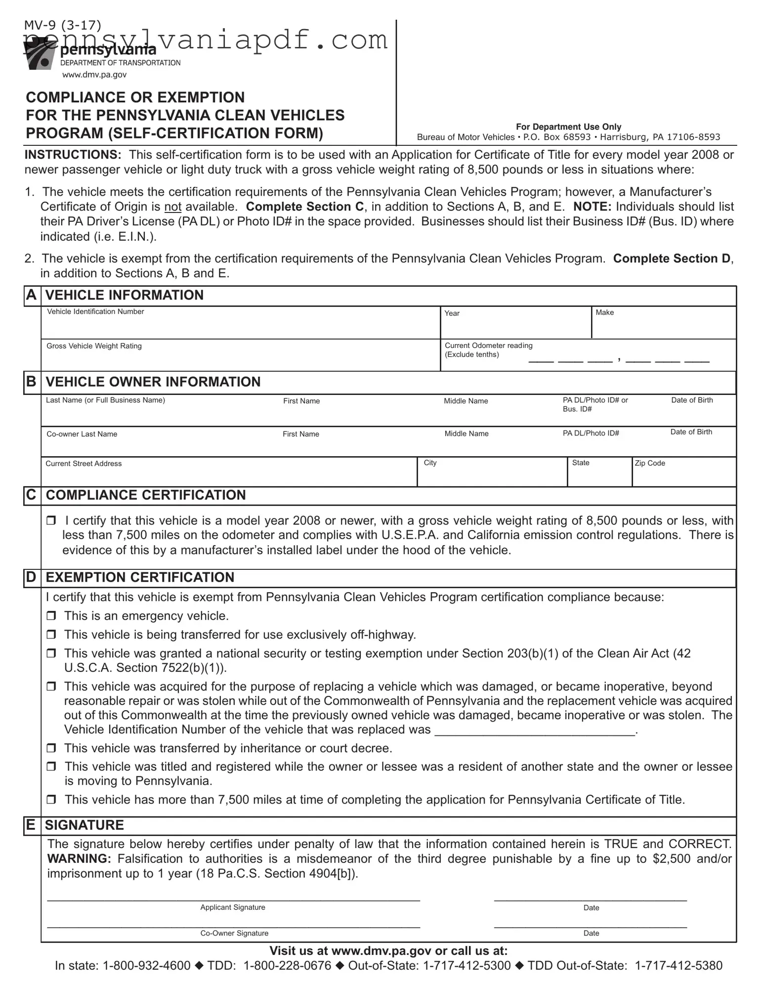 Fill a Valid Pennsylvania Mv 9 Form