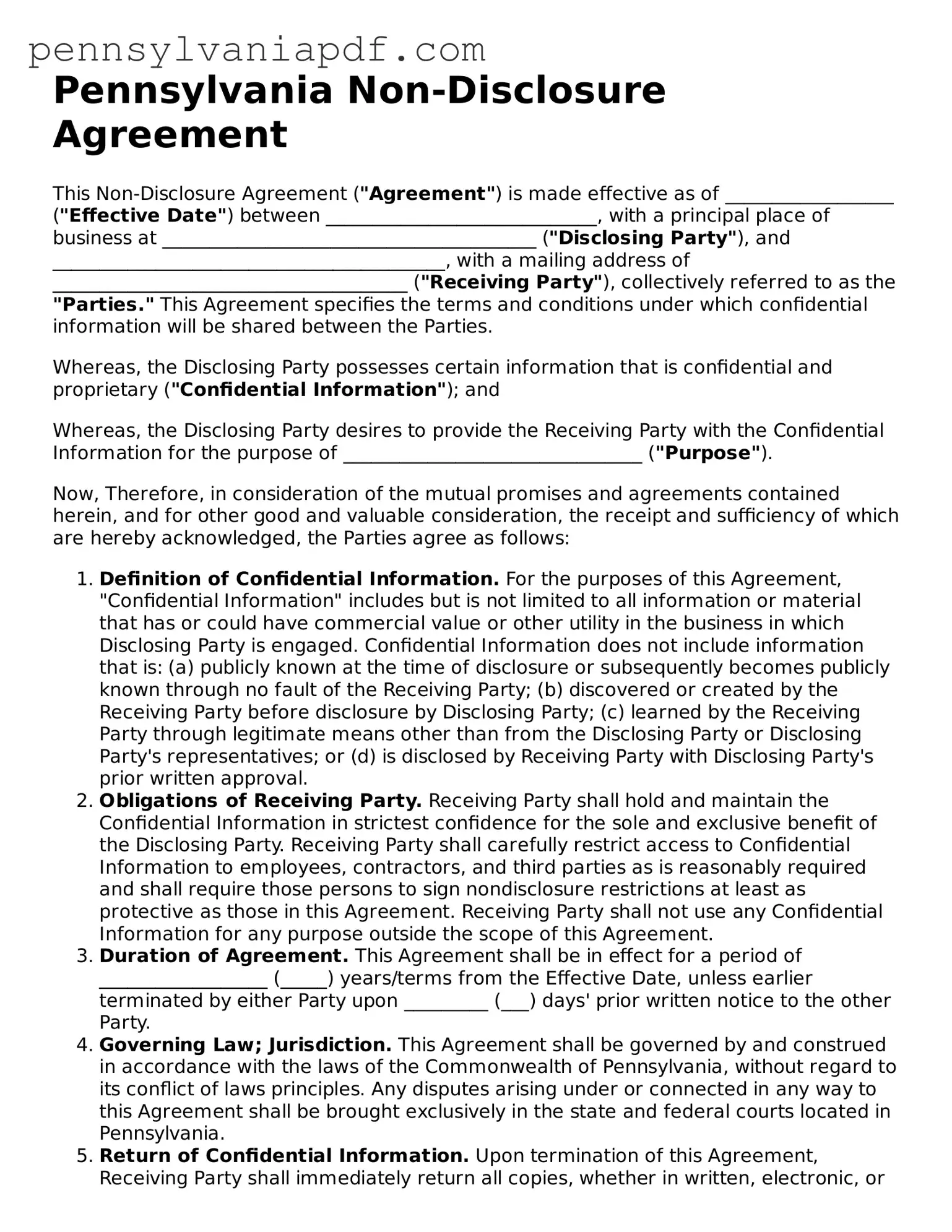 Fillable  Non-disclosure Agreement Document for Pennsylvania