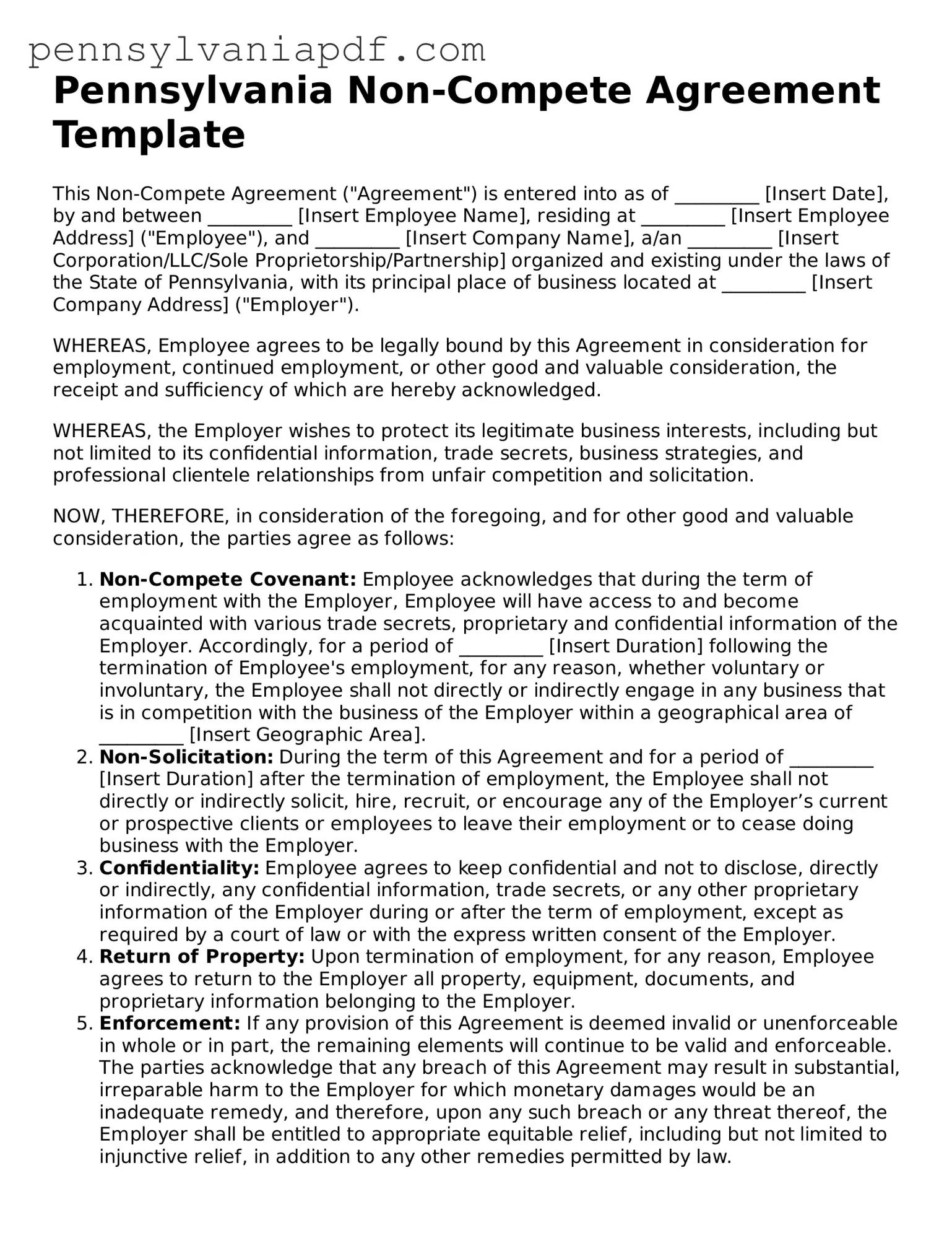 Fillable  Non-compete Agreement Document for Pennsylvania