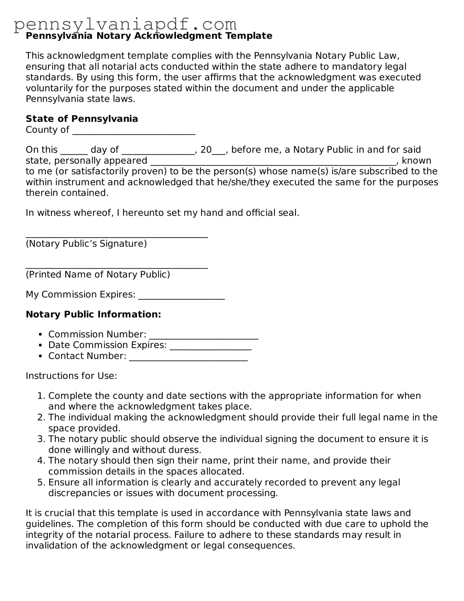 Fillable  Notary Acknowledgement Document for Pennsylvania