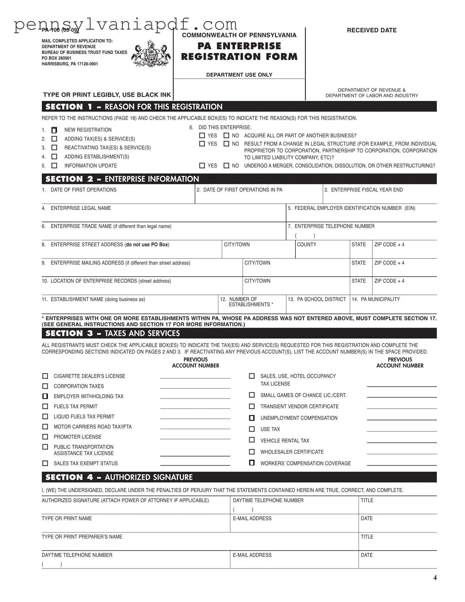 Fill a Valid Pennsylvania Pa 100 Form