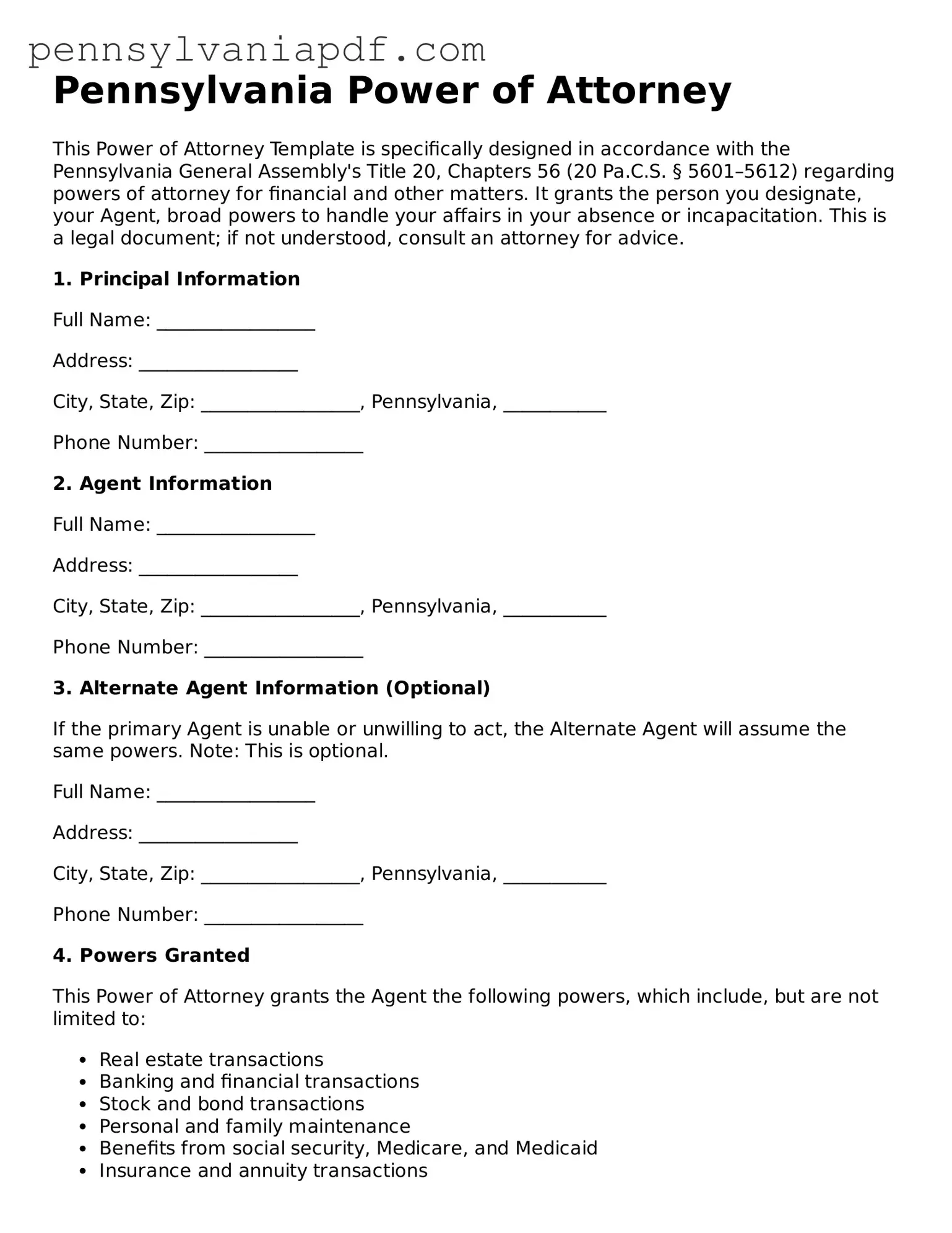 Fillable  Power of Attorney Document for Pennsylvania