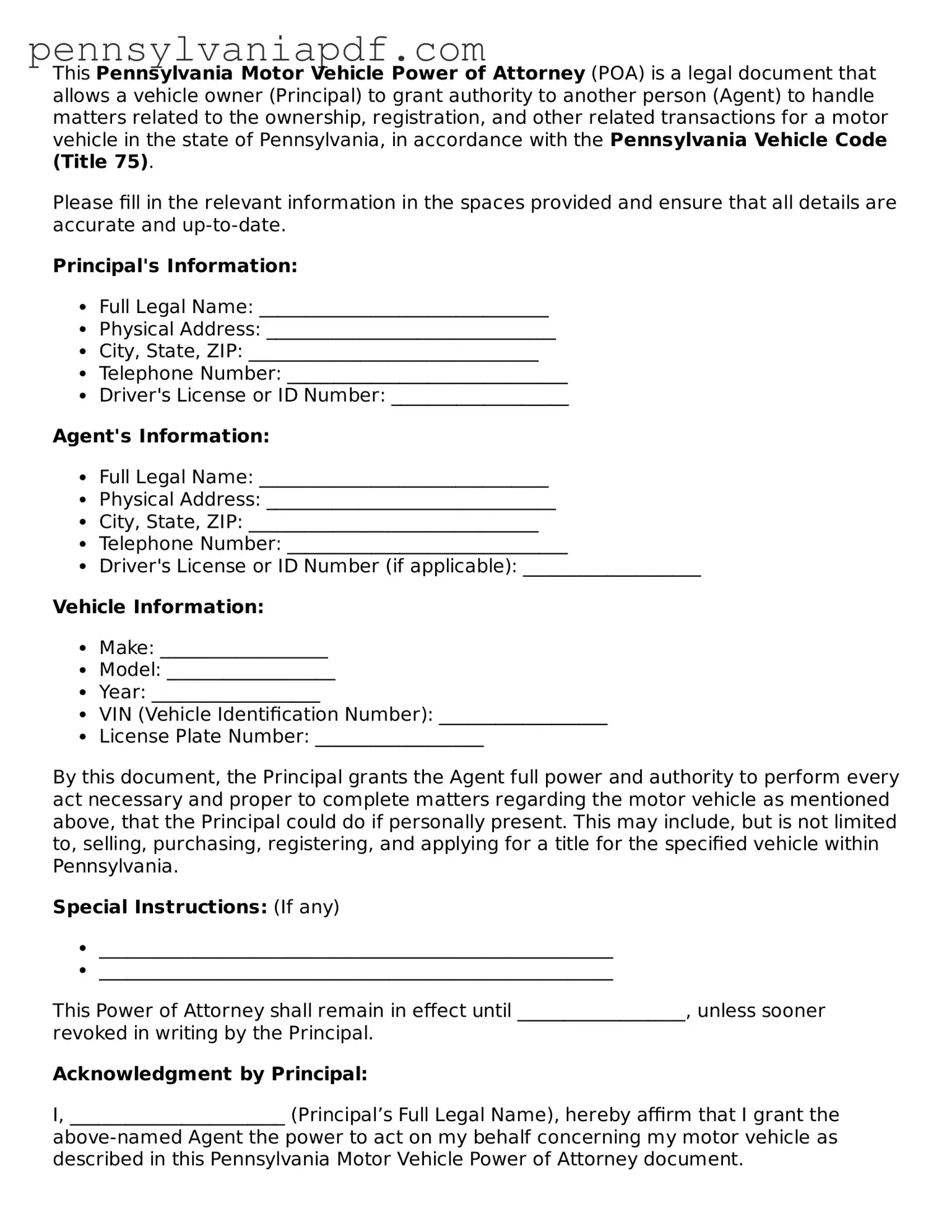 Fillable  Motor Vehicle Power of Attorney Document for Pennsylvania