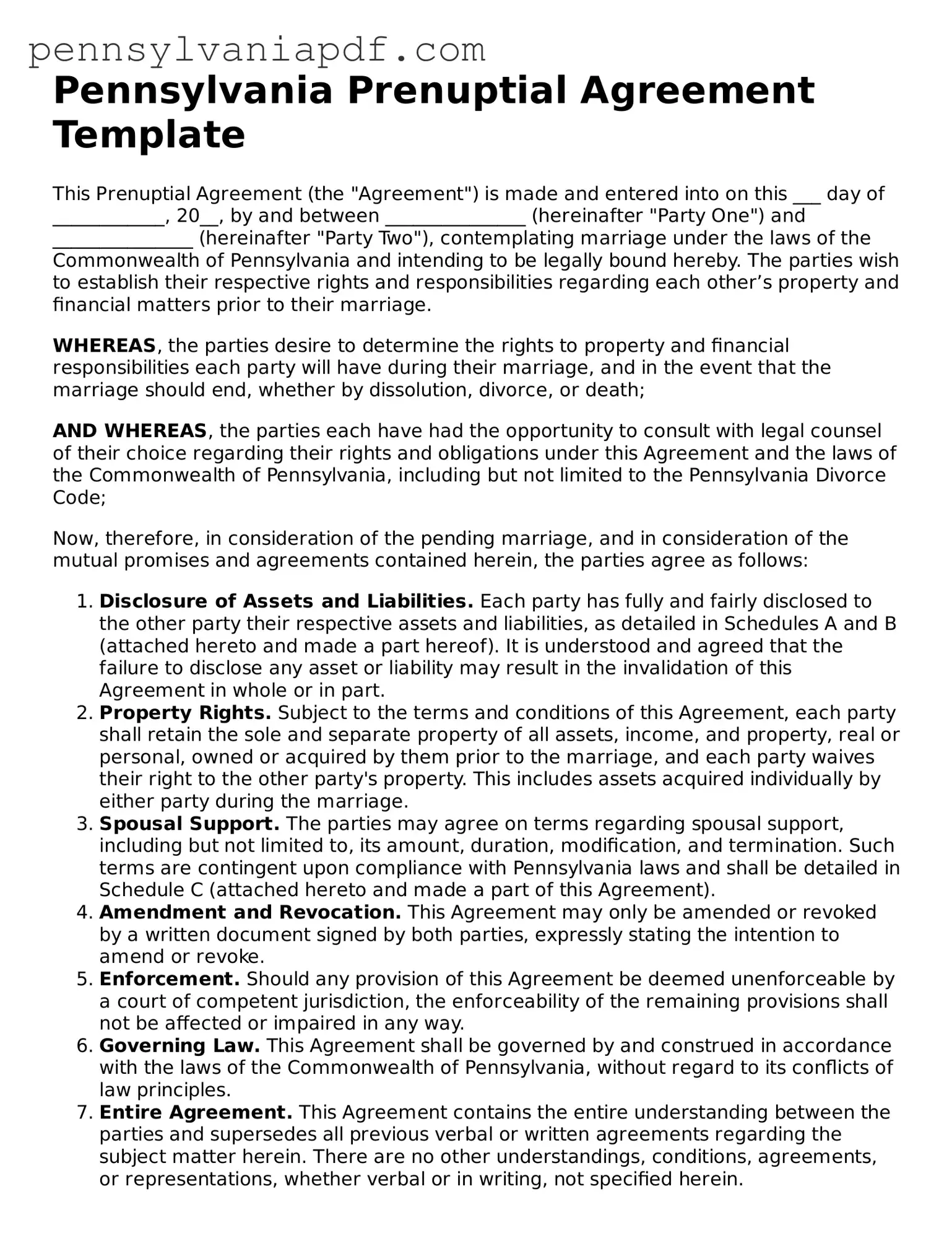 Fillable  Prenuptial Agreement Document for Pennsylvania