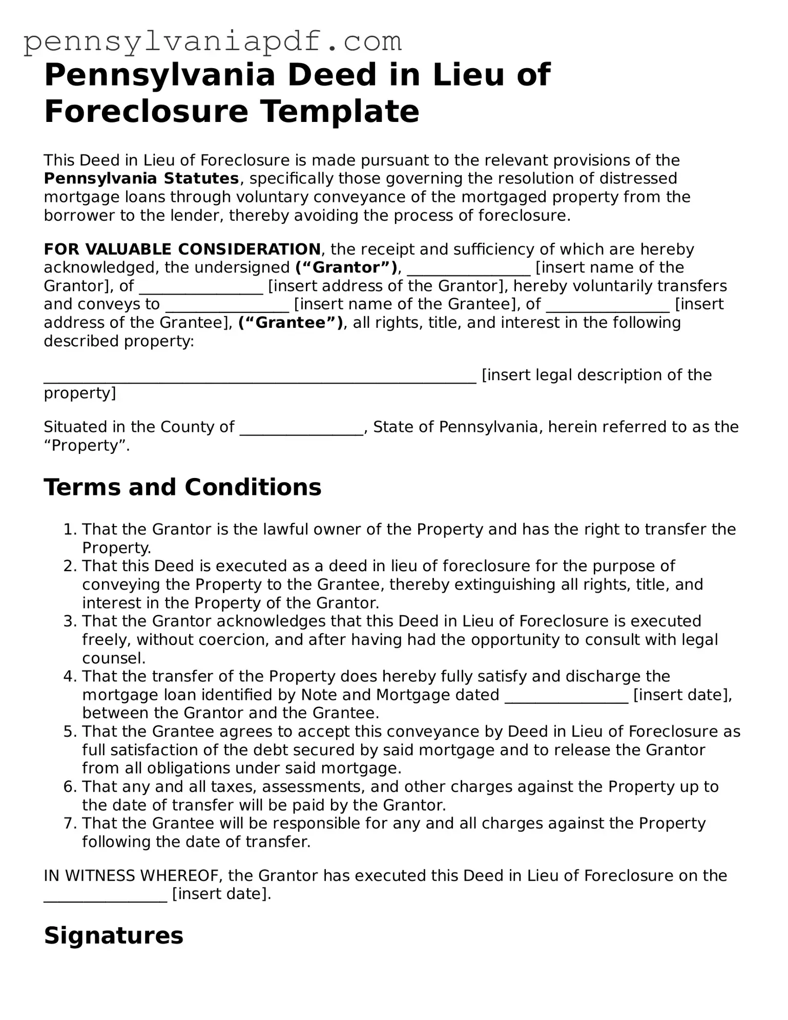 Fillable  Deed in Lieu of Foreclosure Document for Pennsylvania
