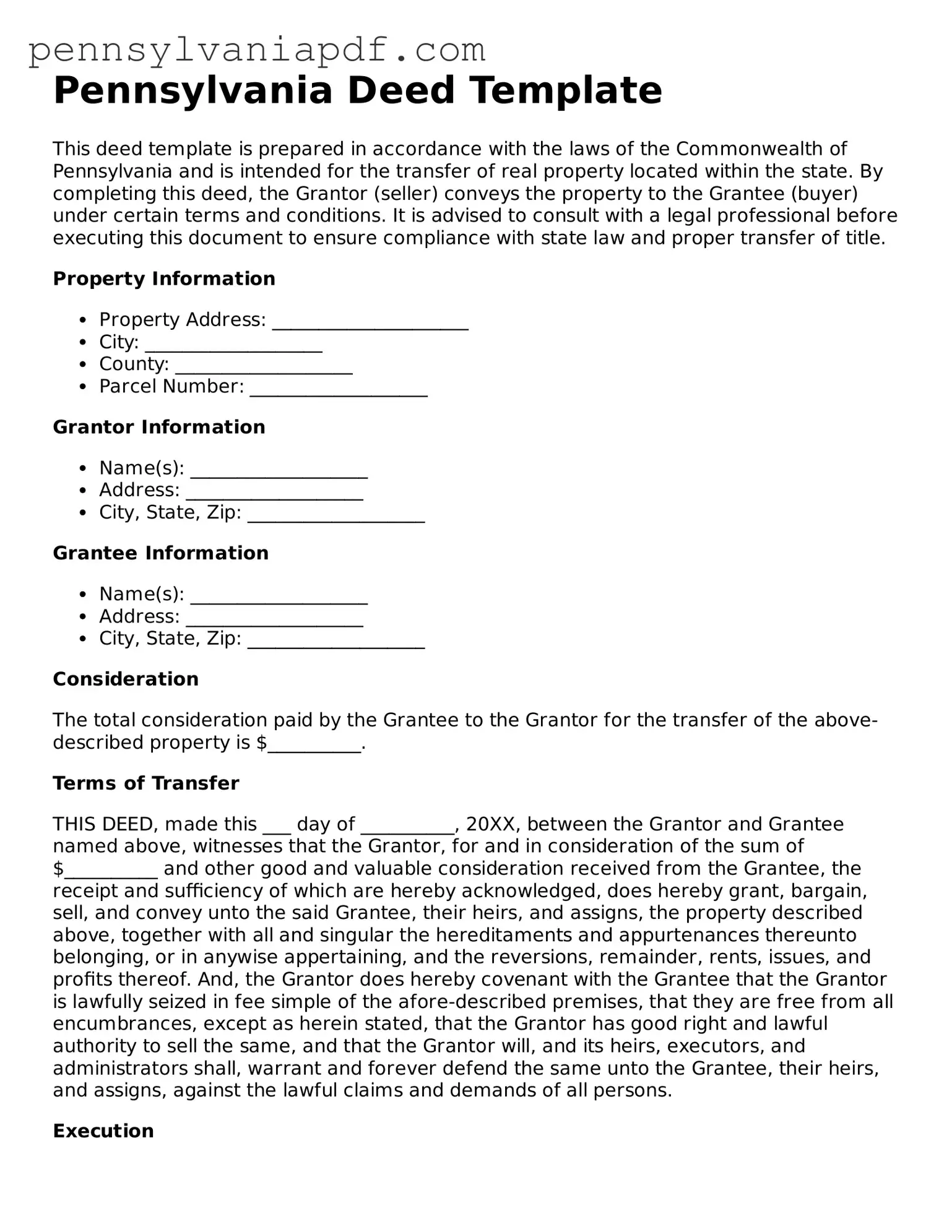 Fillable  Deed Document for Pennsylvania