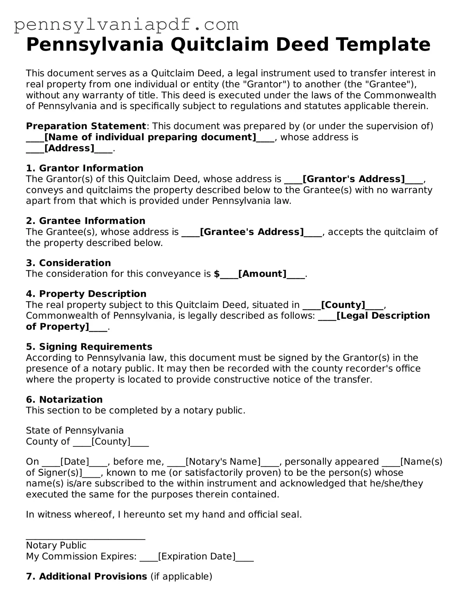 Fillable  Quitclaim Deed Document for Pennsylvania
