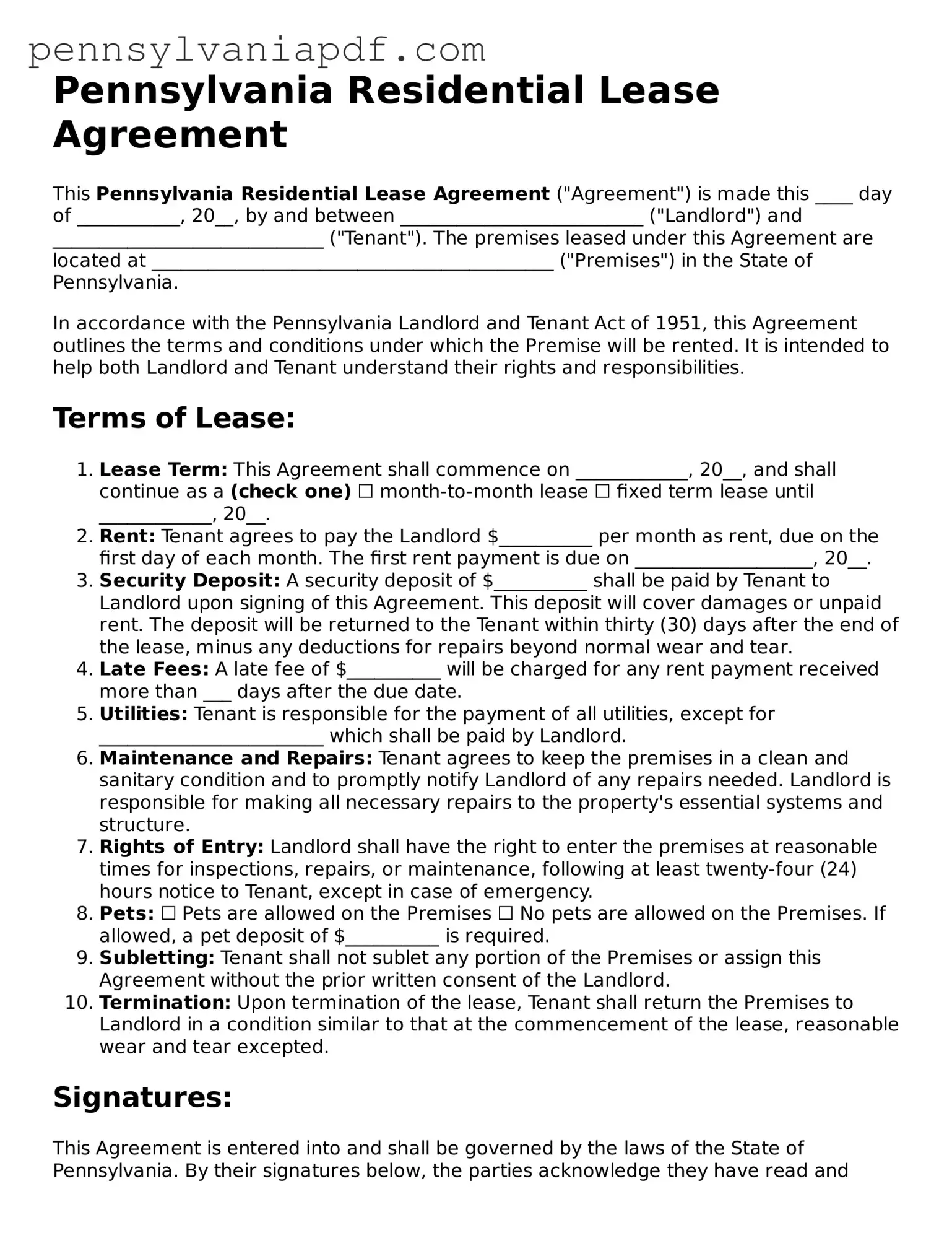 Fillable  Residential Lease Agreement Document for Pennsylvania