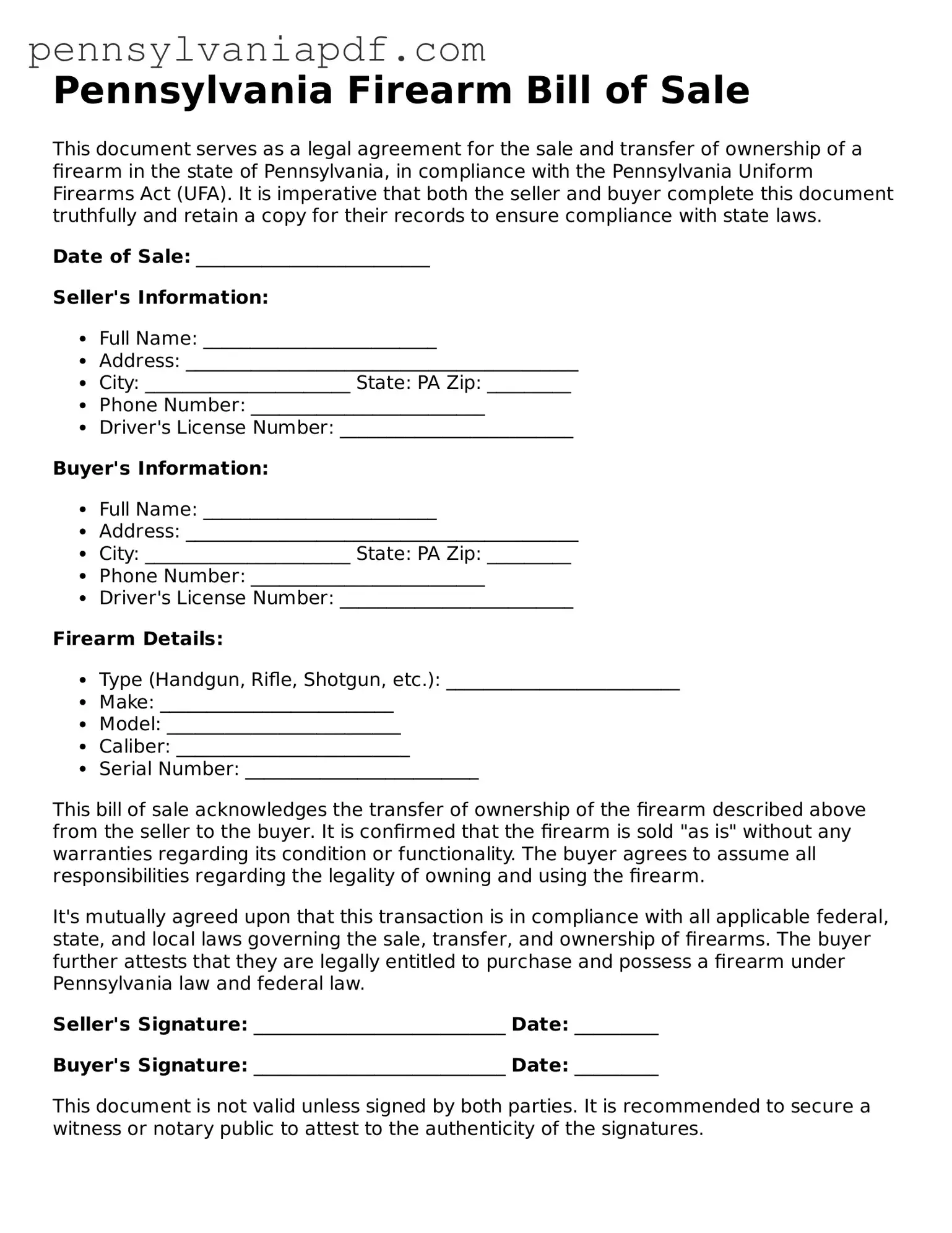 Fillable  Firearm Bill of Sale Document for Pennsylvania