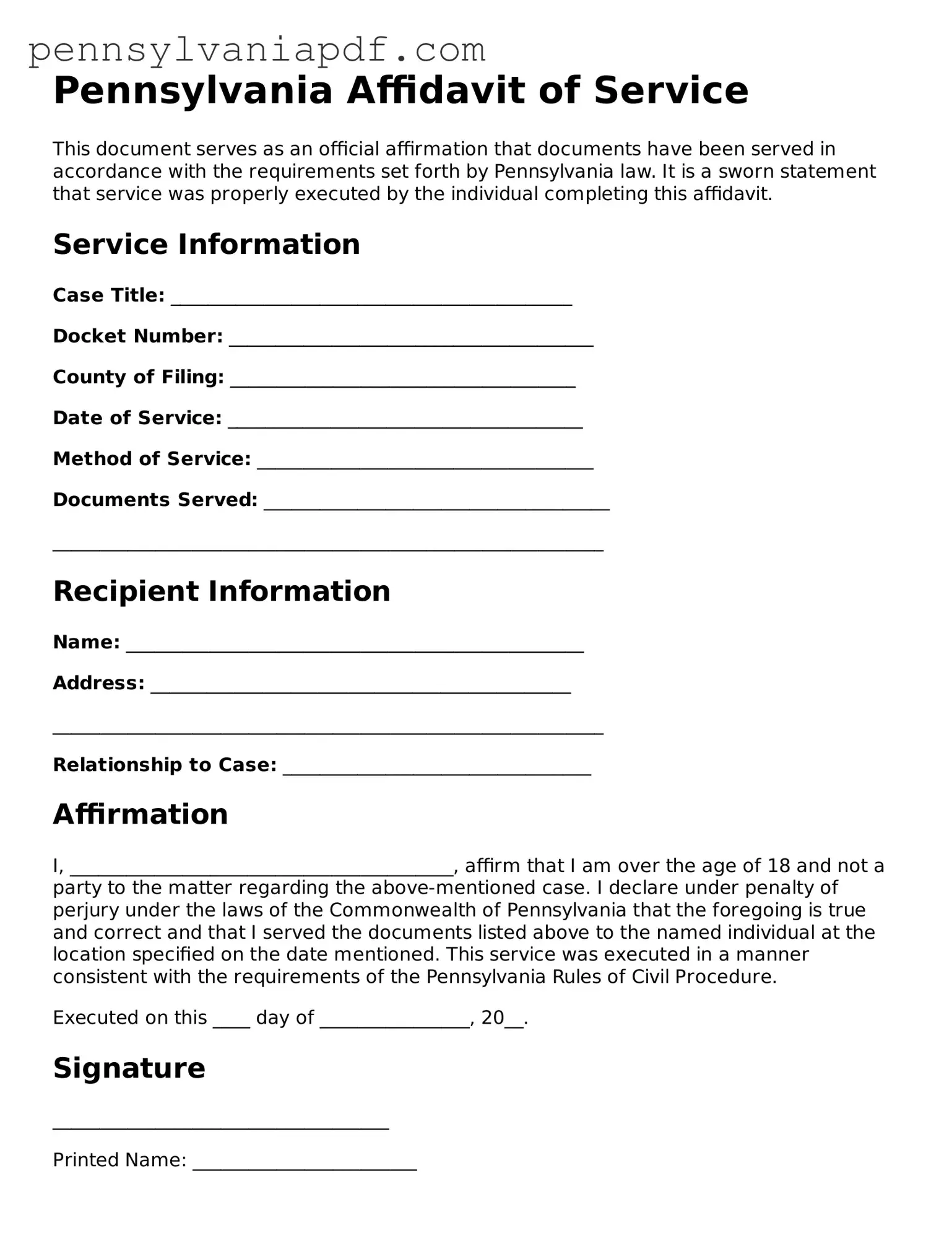 Fillable  Affidavit of Service Document for Pennsylvania