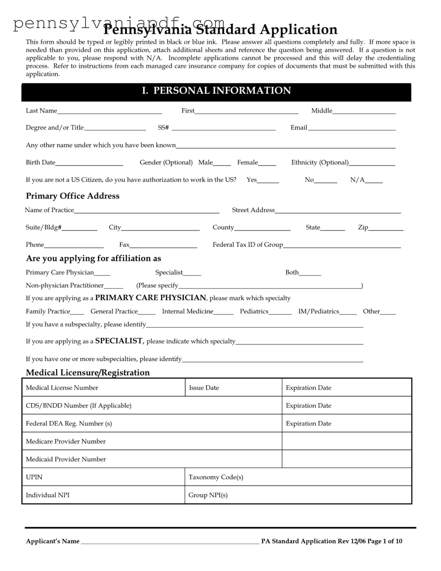 Fill a Valid Pennsylvania Standard Application Form