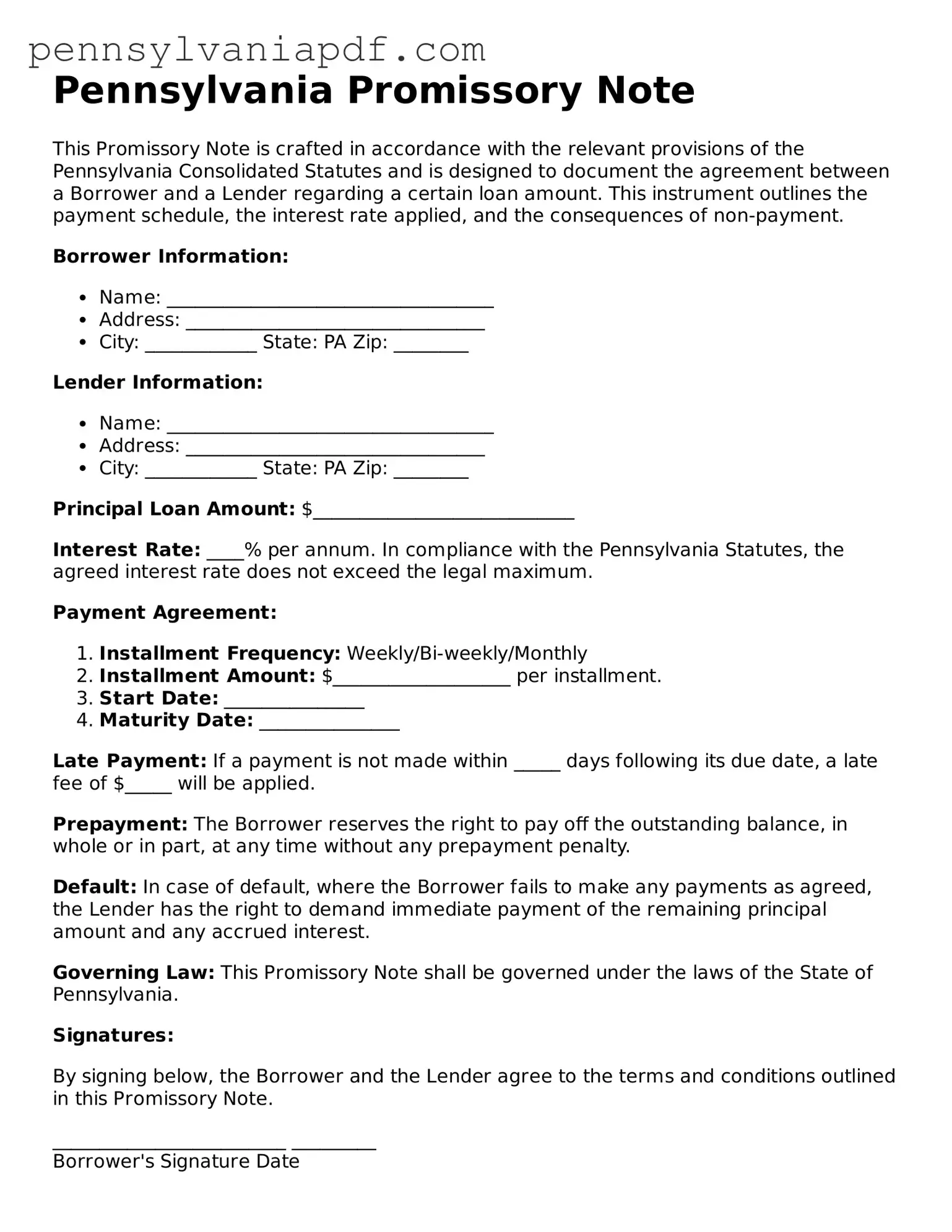 Fillable  Promissory Note Document for Pennsylvania