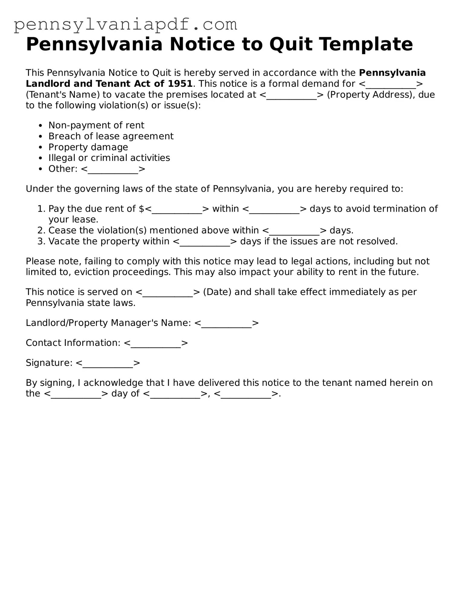 Fillable  Notice to Quit Document for Pennsylvania
