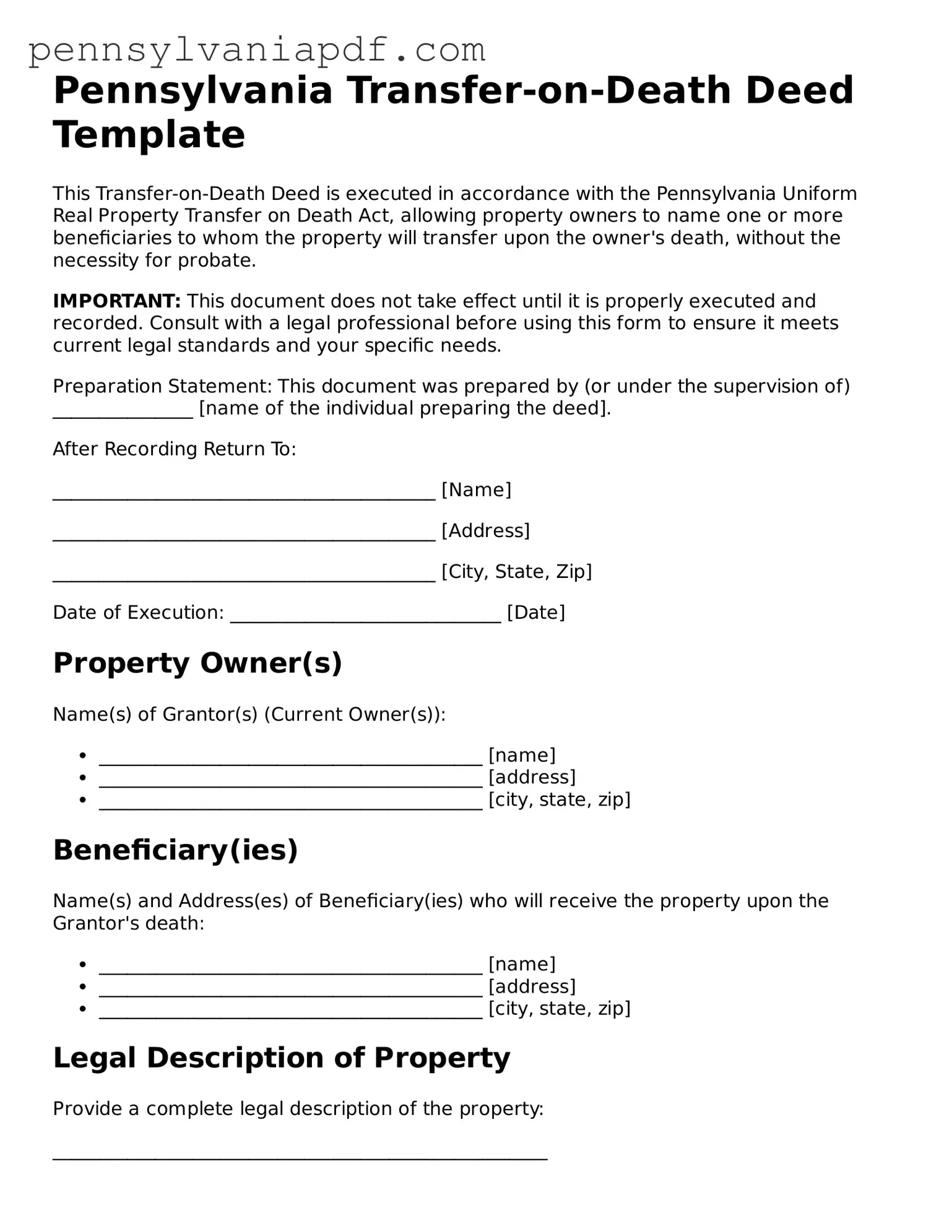 Fillable  Transfer-on-Death Deed Document for Pennsylvania