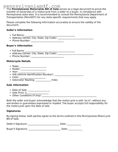 Fillable  Motorcycle Bill of Sale Document for Pennsylvania