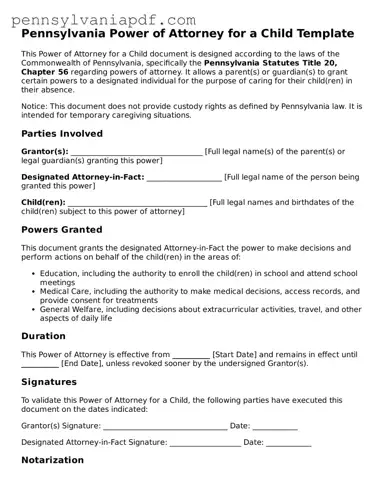 Fillable  Power of Attorney for a Child Document for Pennsylvania