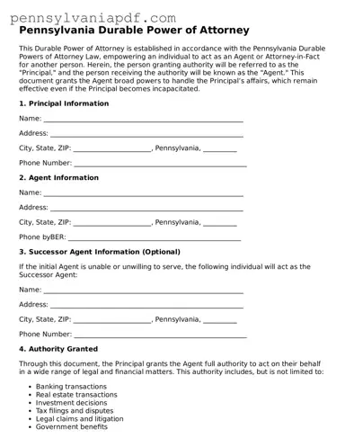 Fillable  Durable Power of Attorney Document for Pennsylvania